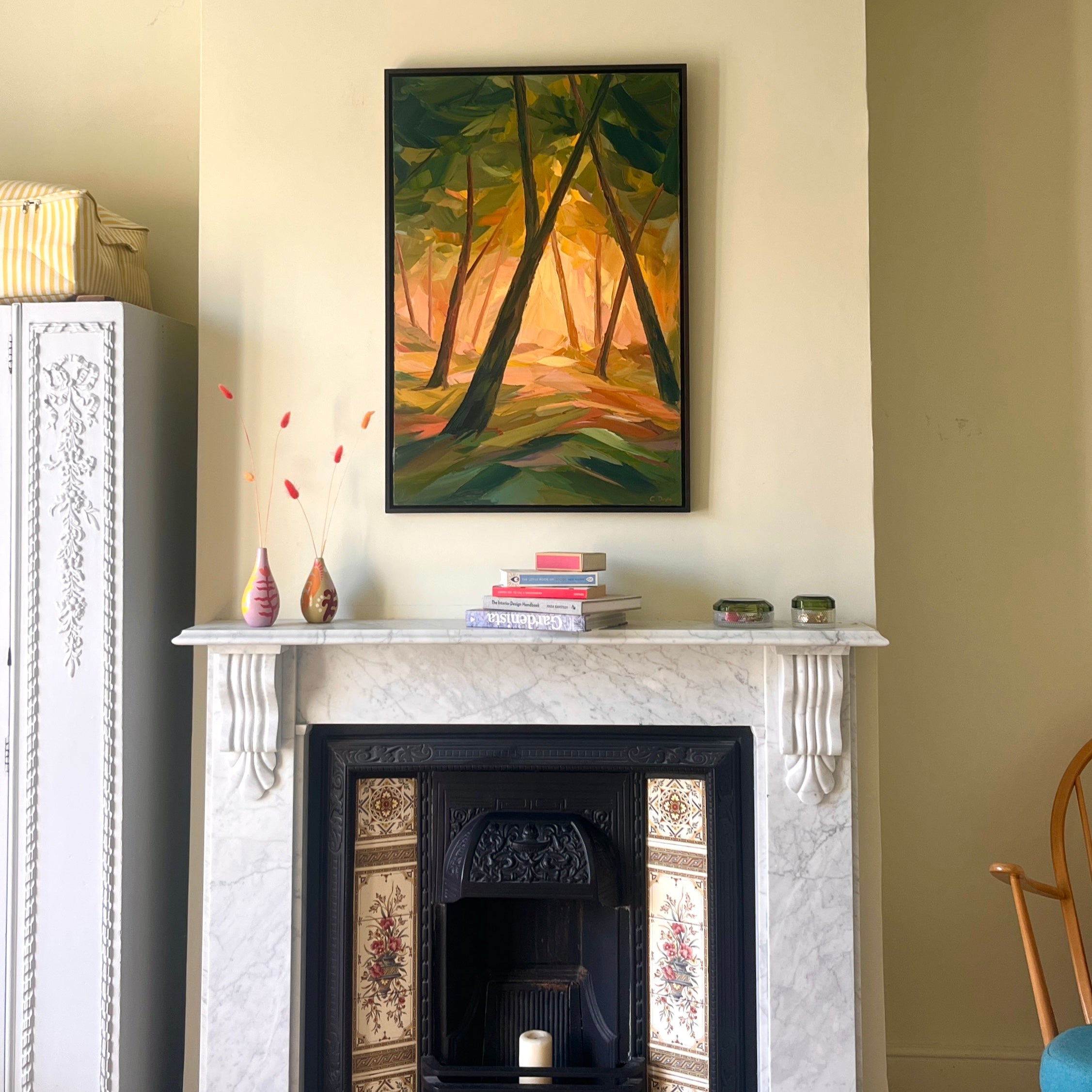 Autumnal Oil Painting on a wall in bedroom above fireplace.