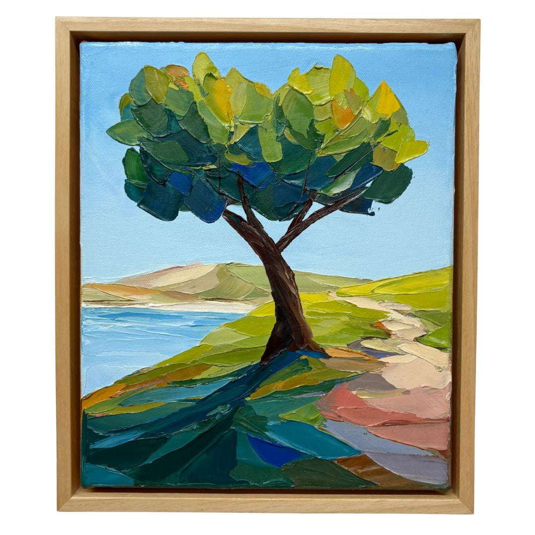 Framed painting of a stylized landscape with a tree, water, and hills.