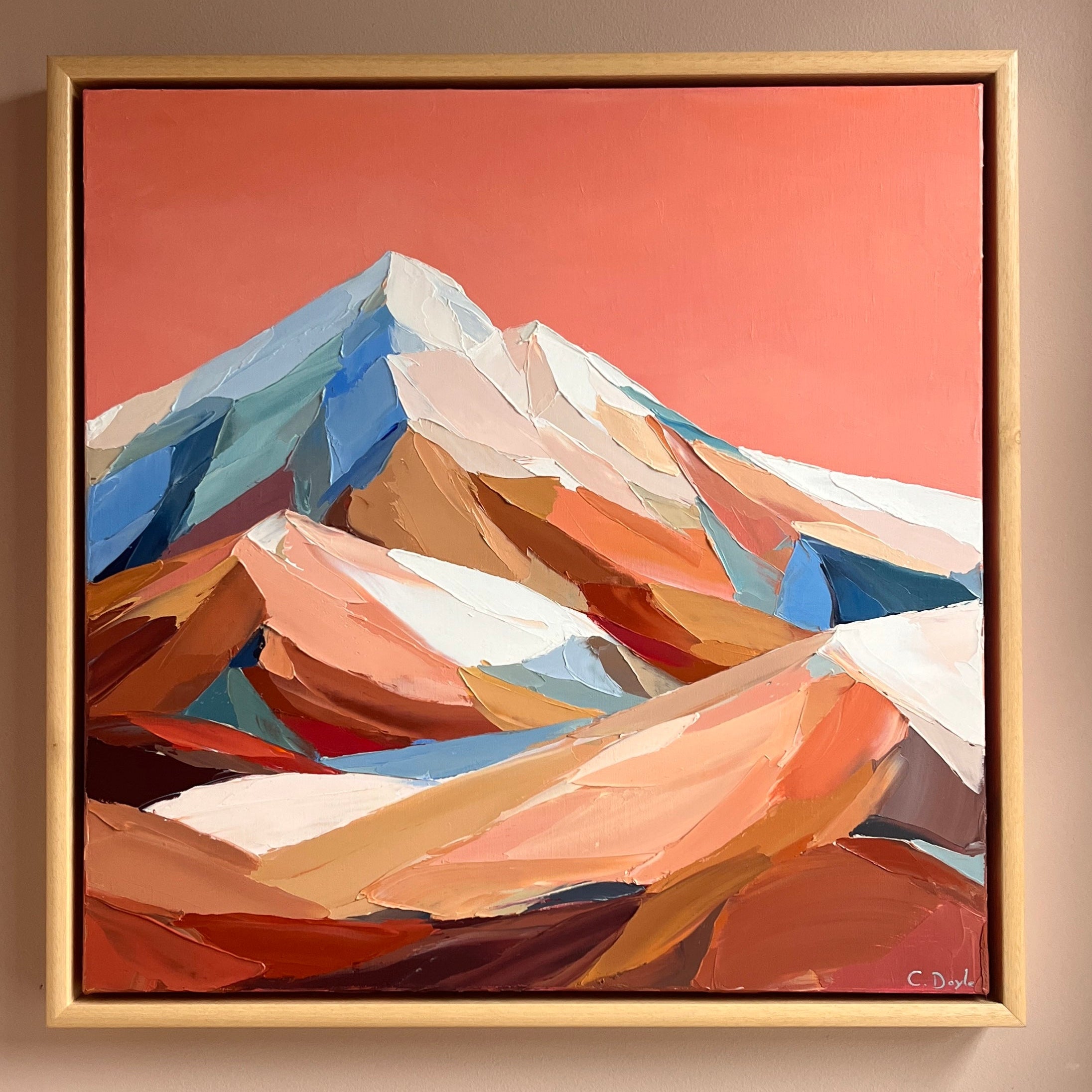 Oli painting of a mountain rage with pink sky