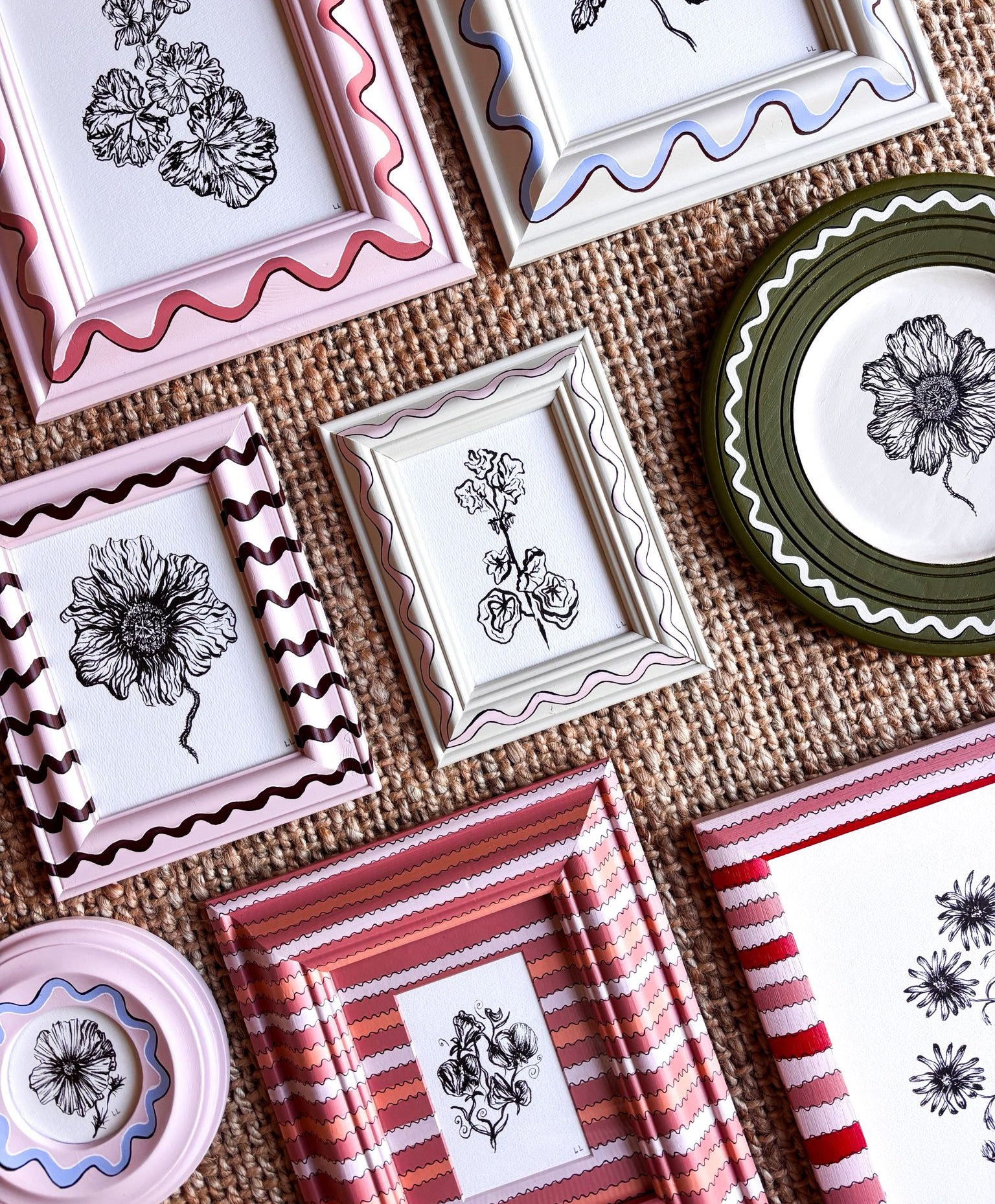 Decorative plates with floral designs on a textured surface