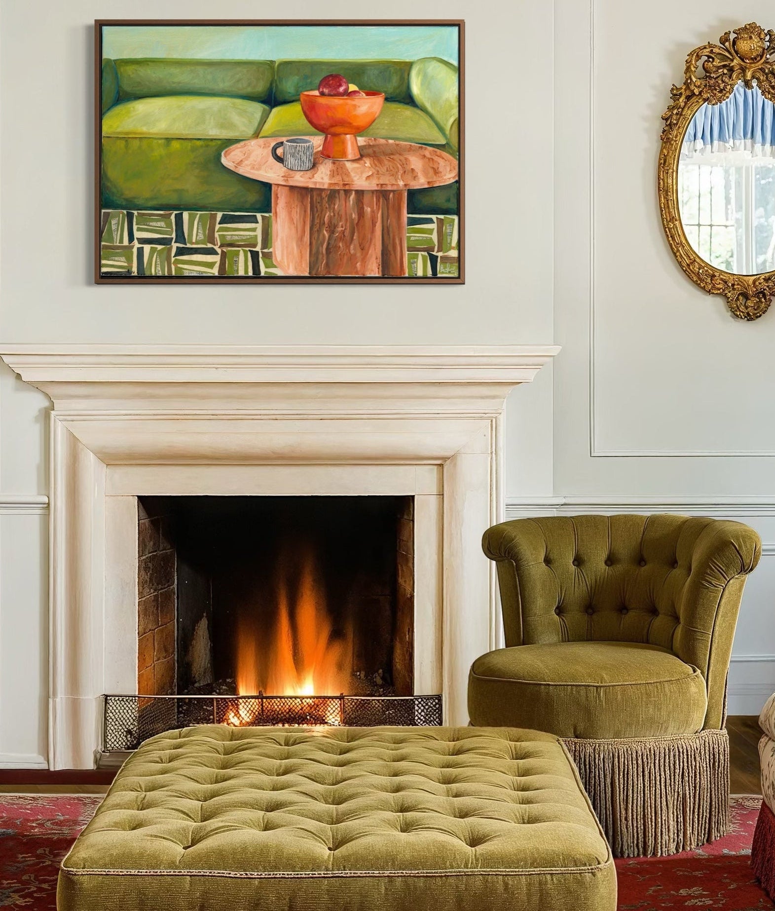 Living room with fireplace, green velvet chair, and ottoman.