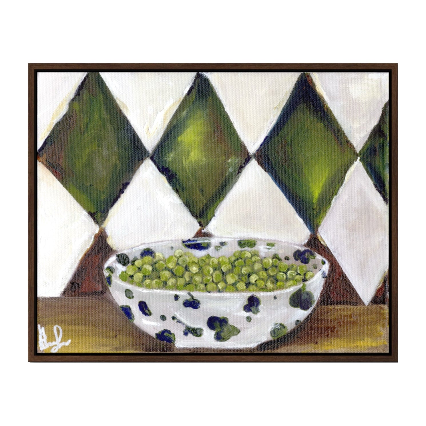 Framed artwork of a bowl with green grapes on a checkered background