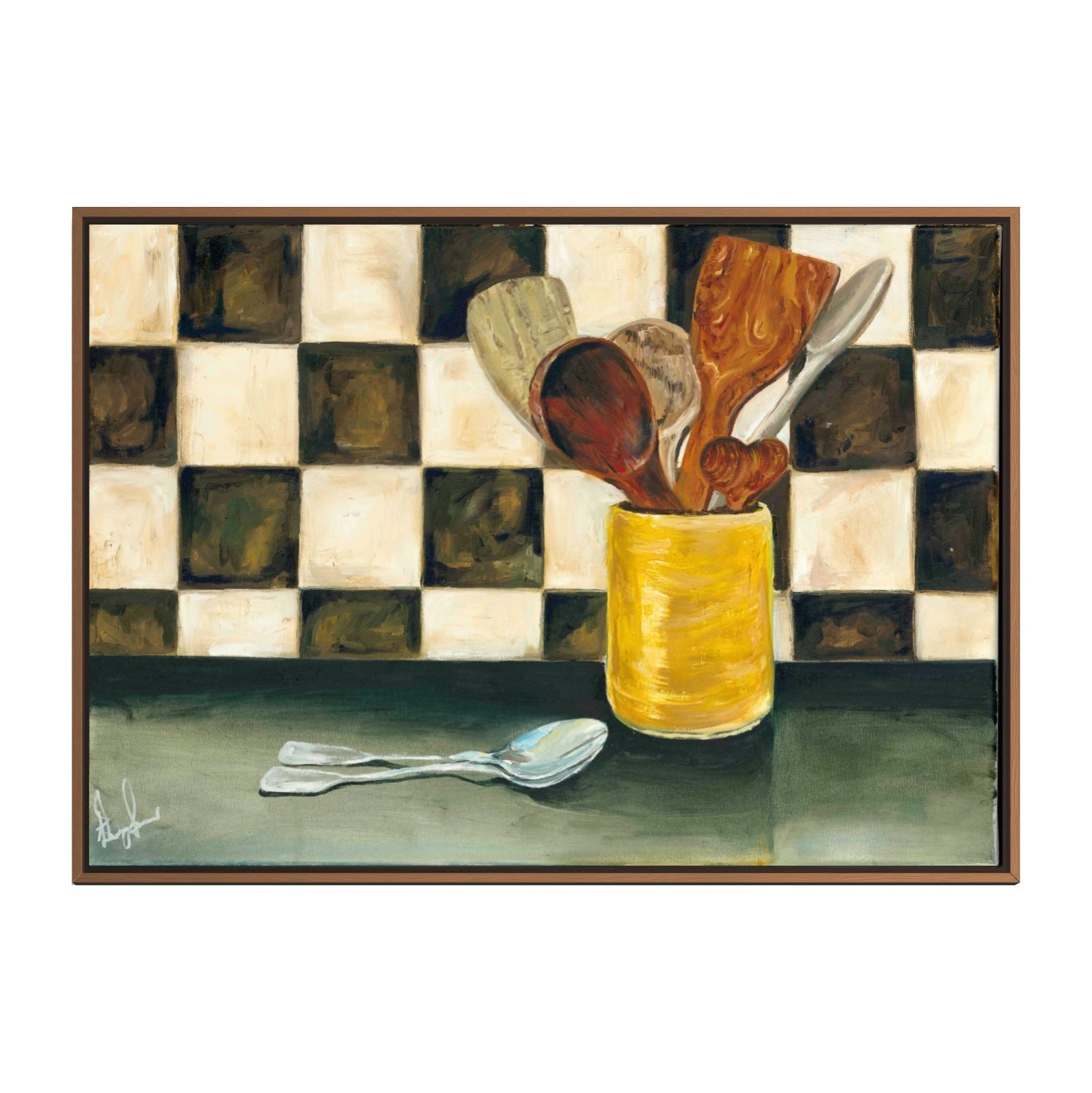 Painting of wooden spoons in a yellow jar on a checkered background
