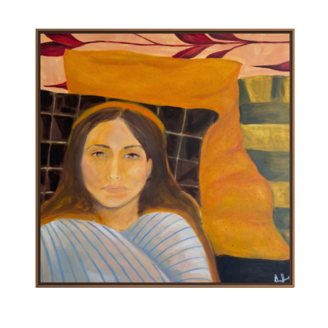 A framed painting featuring a woman with long dark hair, wearing a light blue striped garment, set against an abstract background with a large golden-yellow shape and green blocks. The painting is enclosed in a thin brown frame and shown against a plain white background.