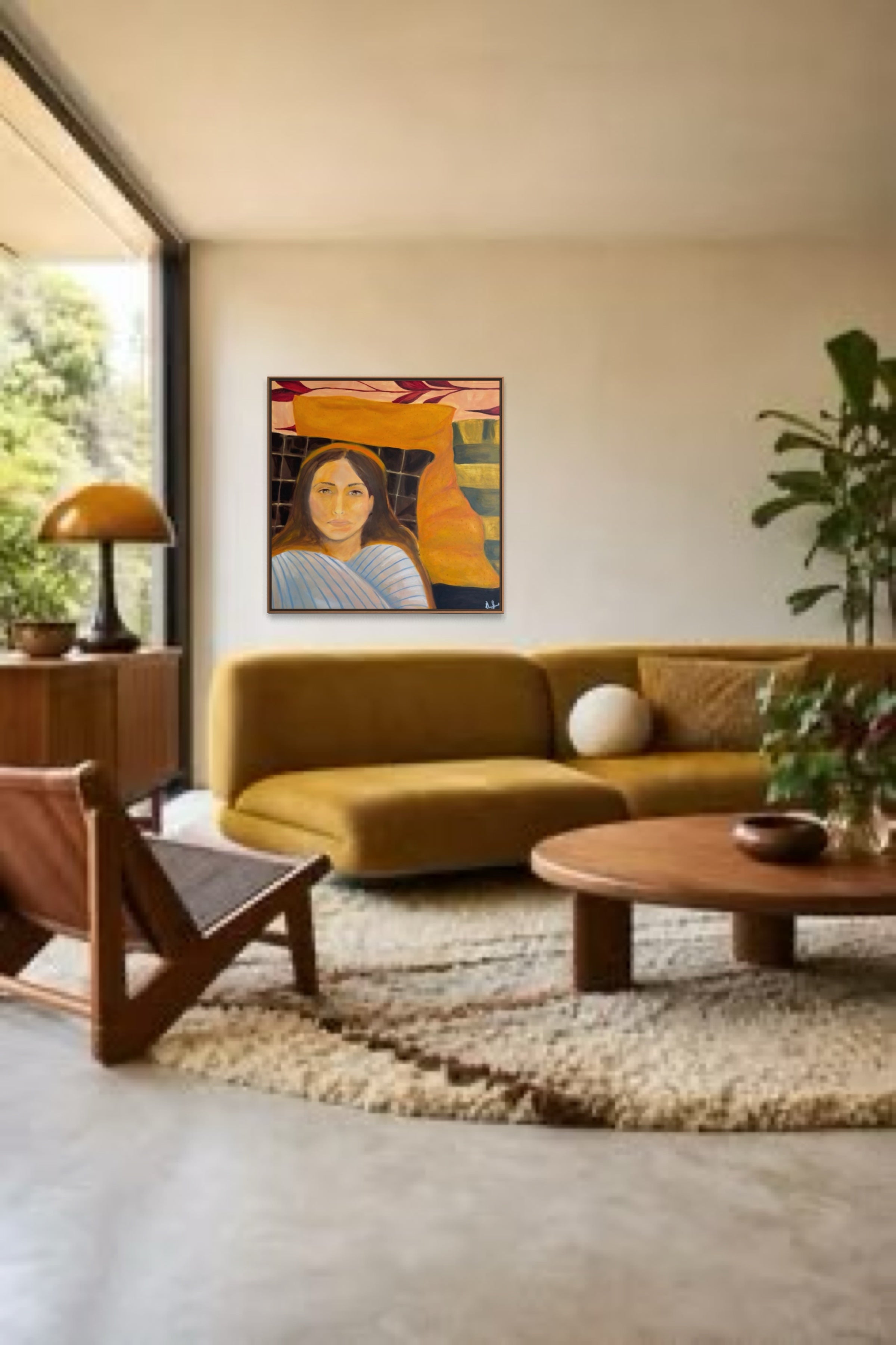 A framed art print depicting a stylized portrait of a woman in a yellow and blue dress, hanging on a beige wall in a modern living room with a mustard yellow sofa, wooden coffee table, and plants.