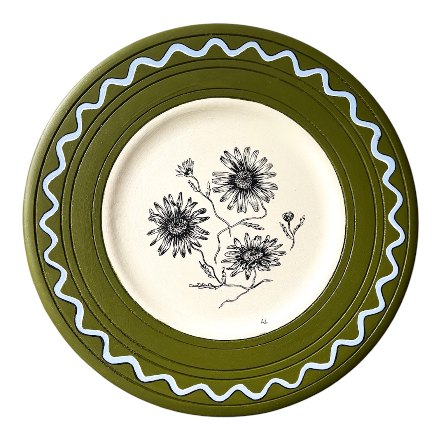 Decorative plate with floral design and green border on a white background