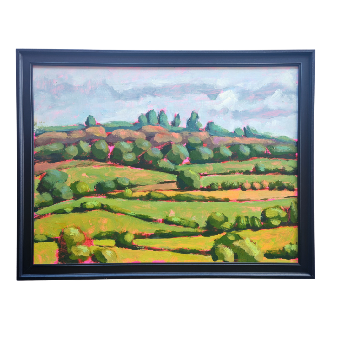 A framed landscape oil painting featuring green fields, hedgerows, and trees under a cloudy sky, enclosed in a thick black frame.