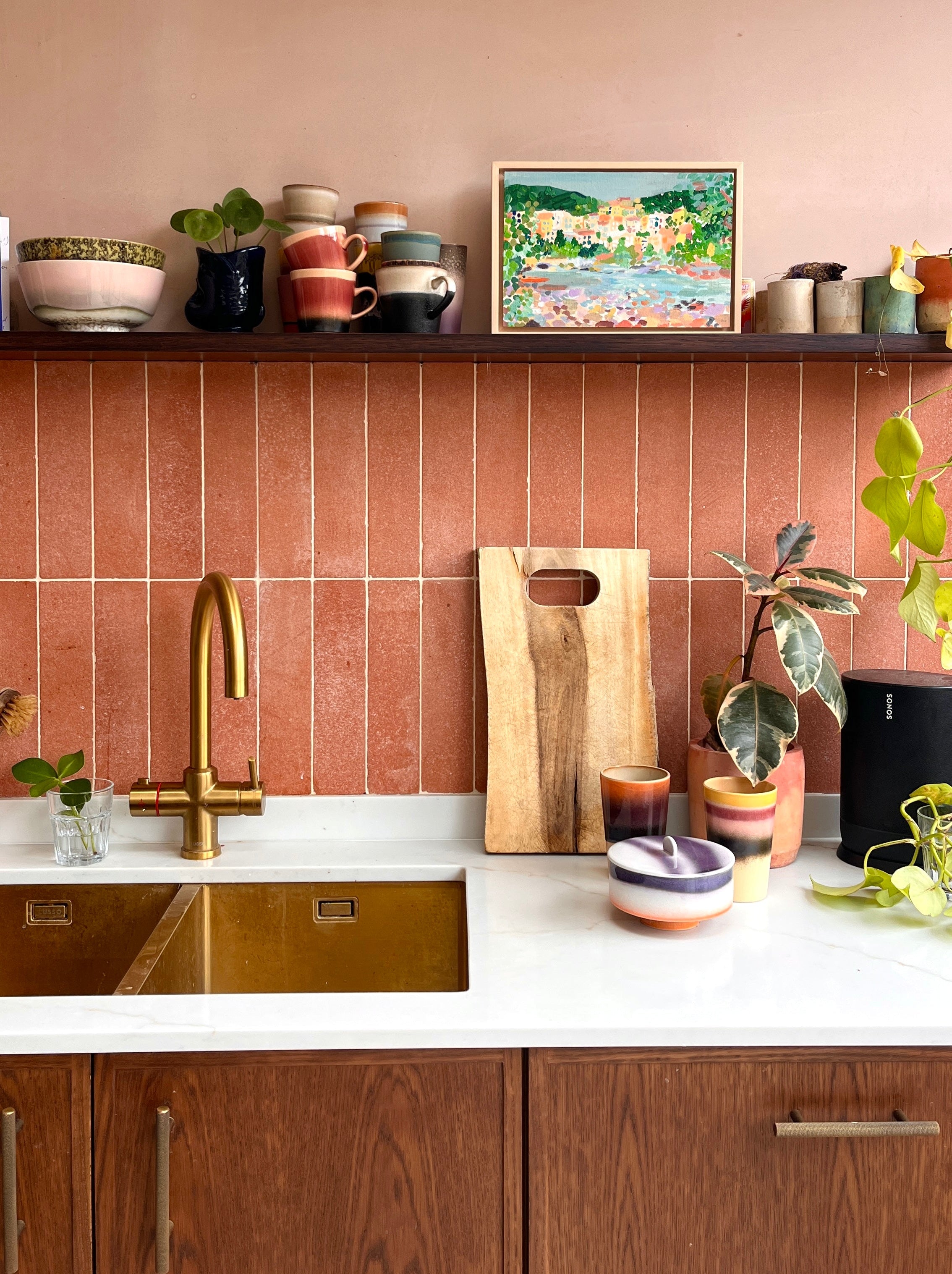 Kitchen scene with art on shelf above the sink with plants and ceremics
