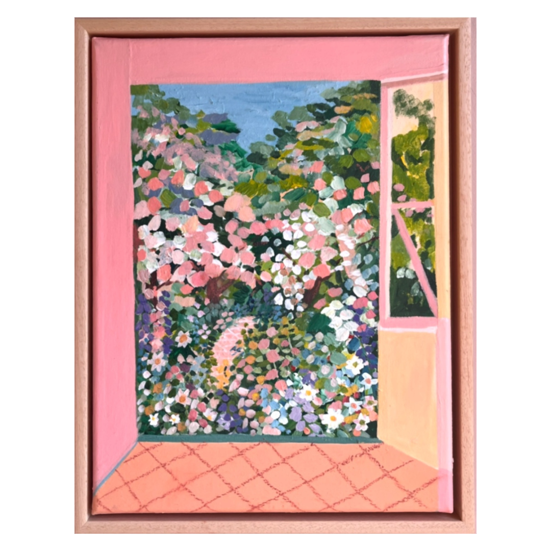 Framed artwork of a garden scene with pink flowers and greenery.