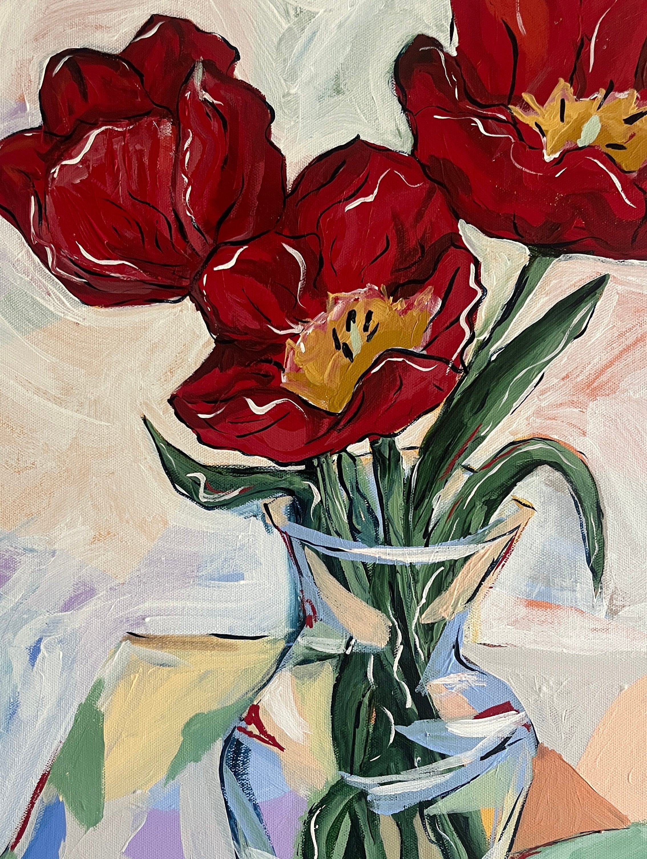 Artistic depiction of red tulips in a glass vase on a textured background