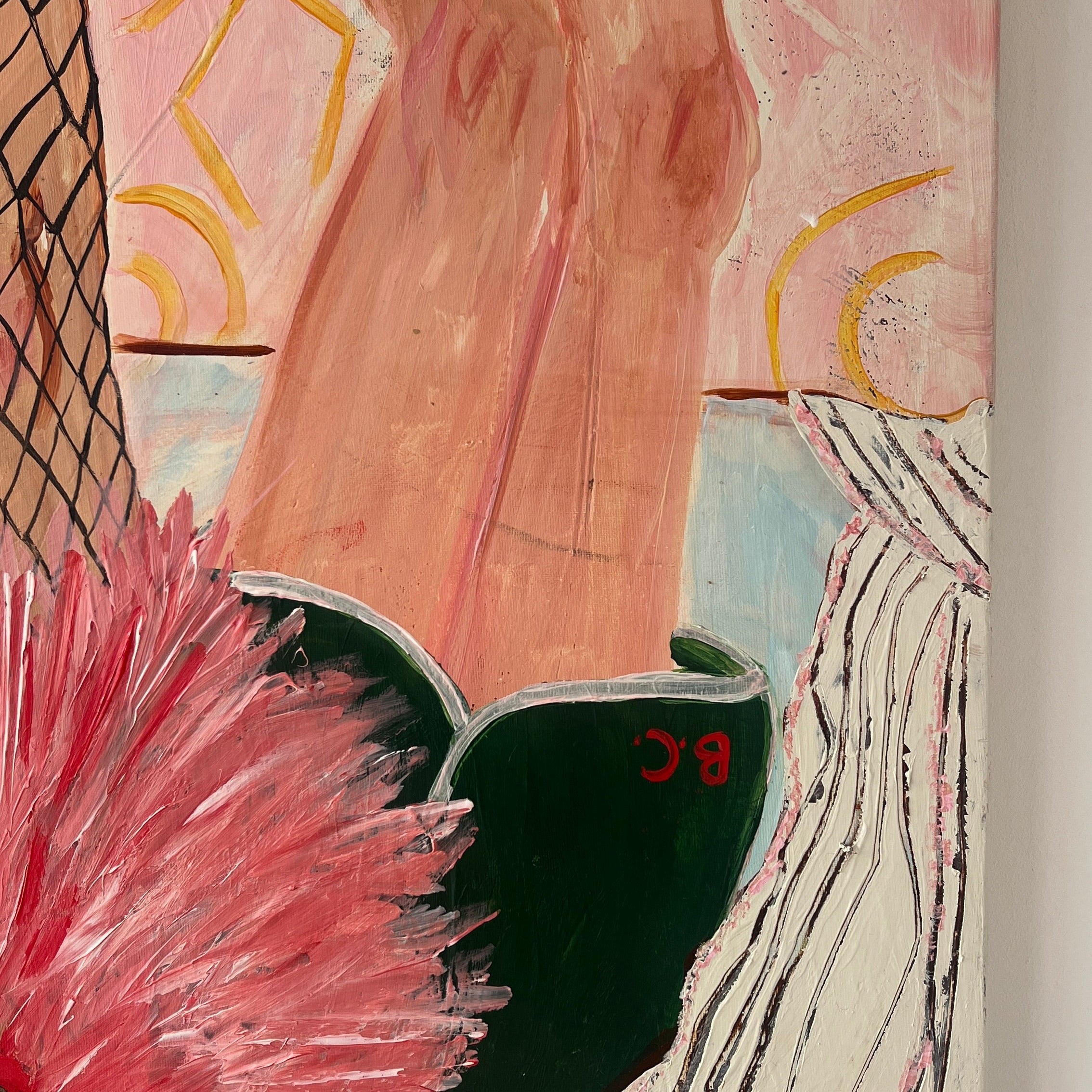 Close up detail of a painting with a girl wearing green shorts