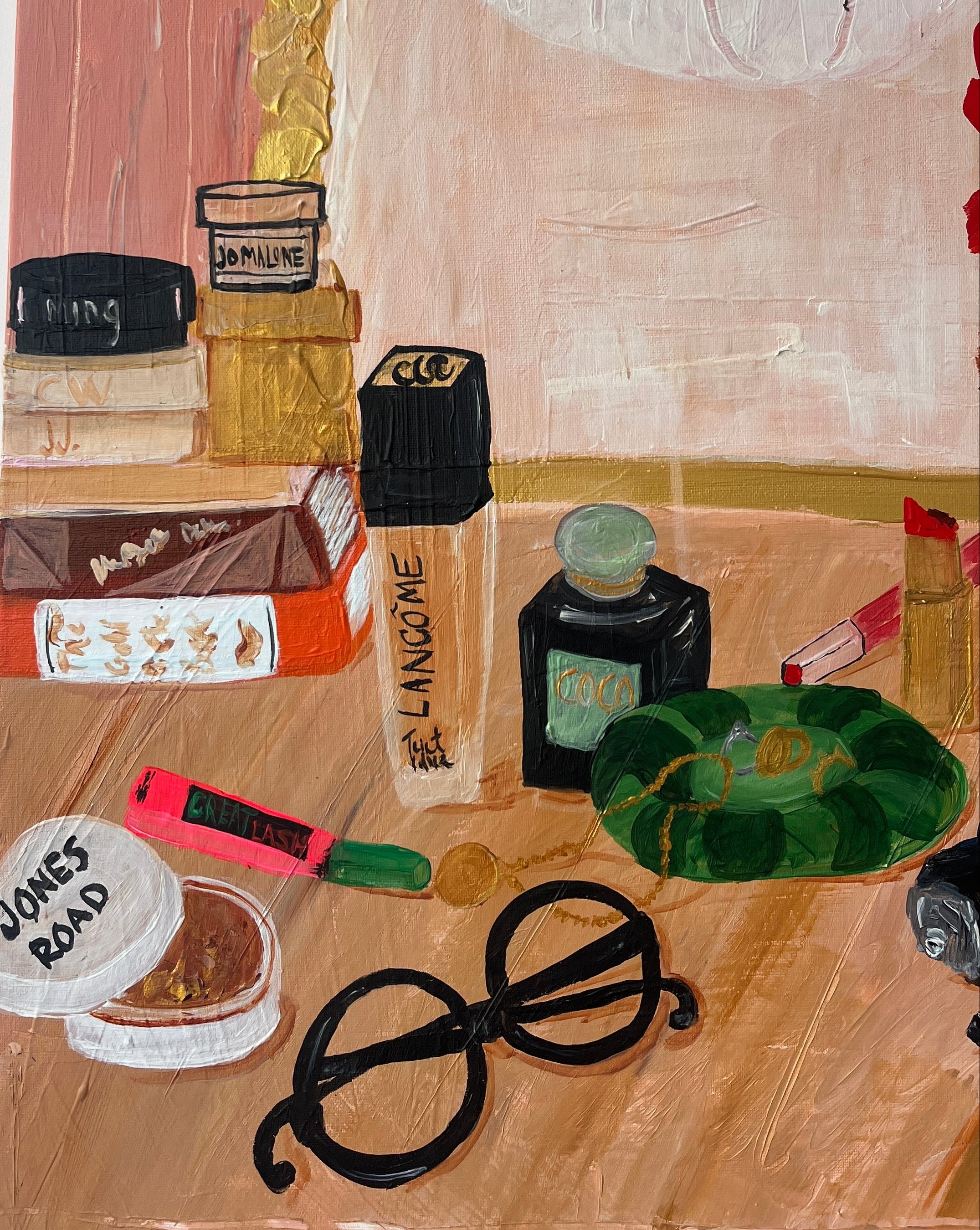 Close up detail of a painting showing make up and glasses.