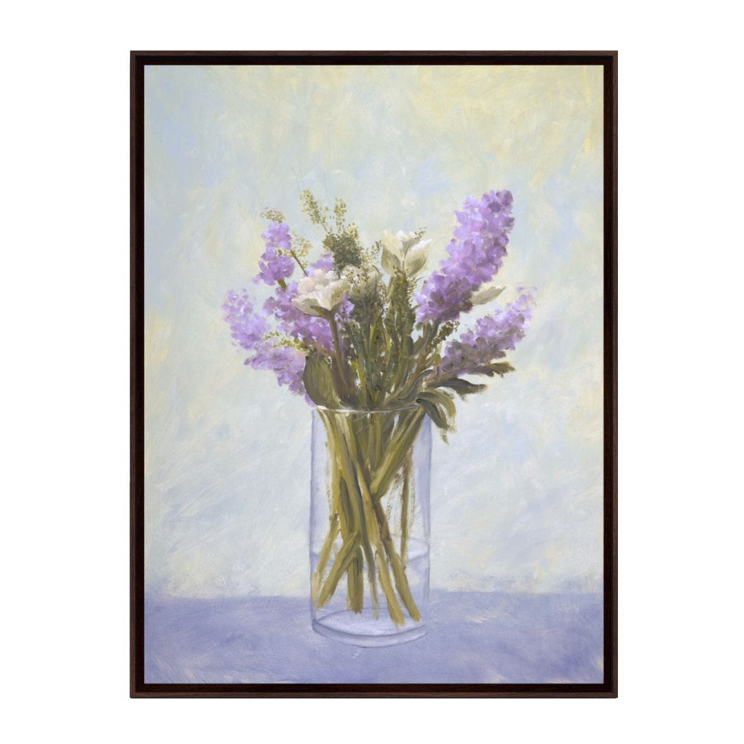 Framed artwork of a vase with flowers on a textured background