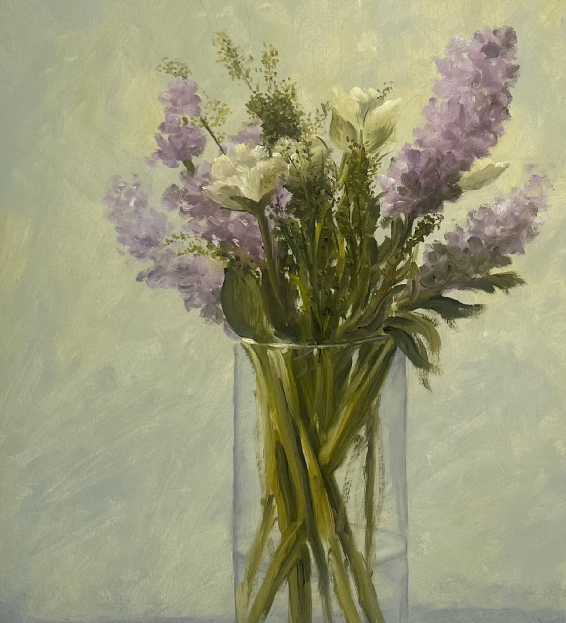 Framed painting of a vase with purple flowers on a light background