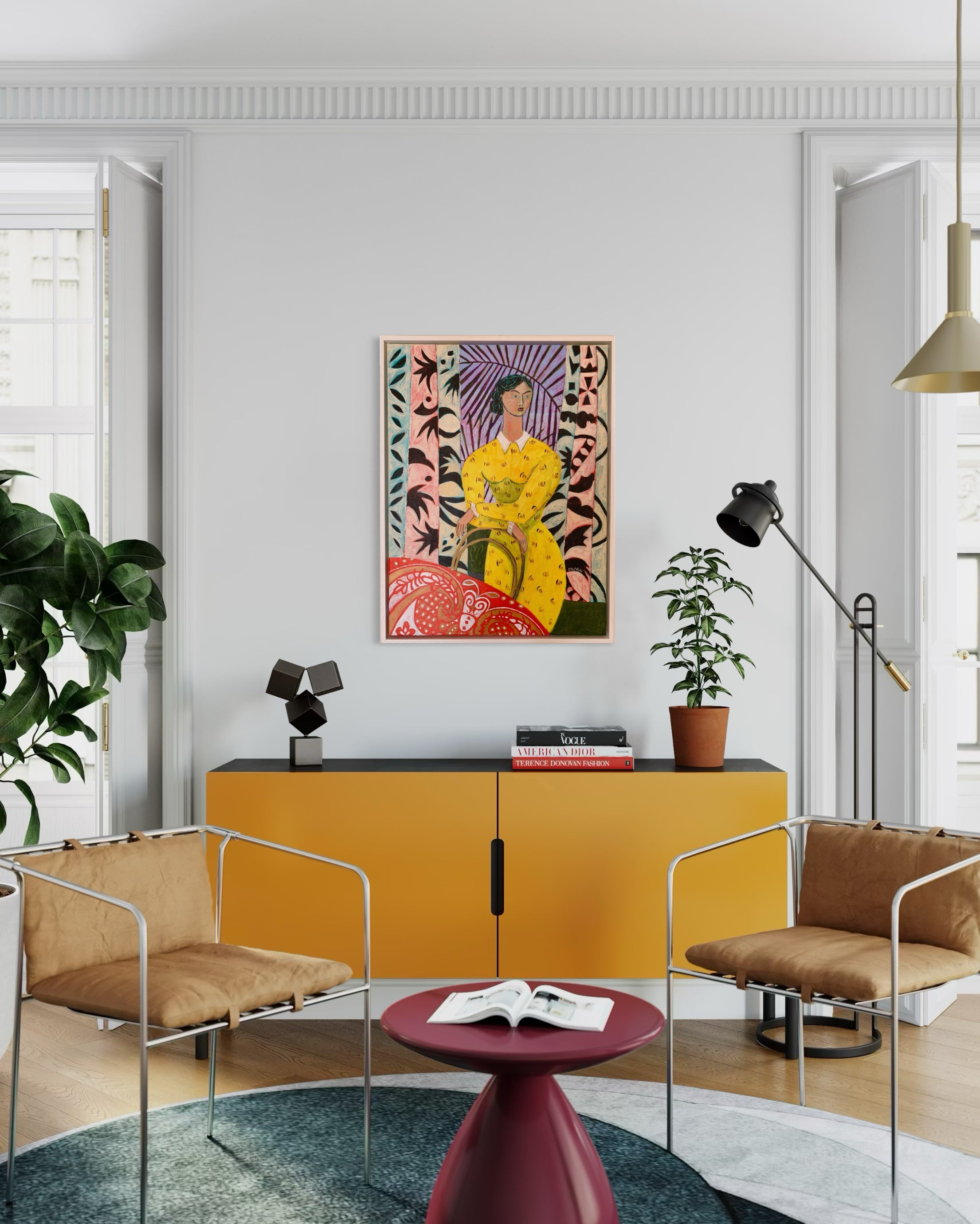 Modern living room with yellow cabinet, brown chairs, and colorful artwork on the wall.
