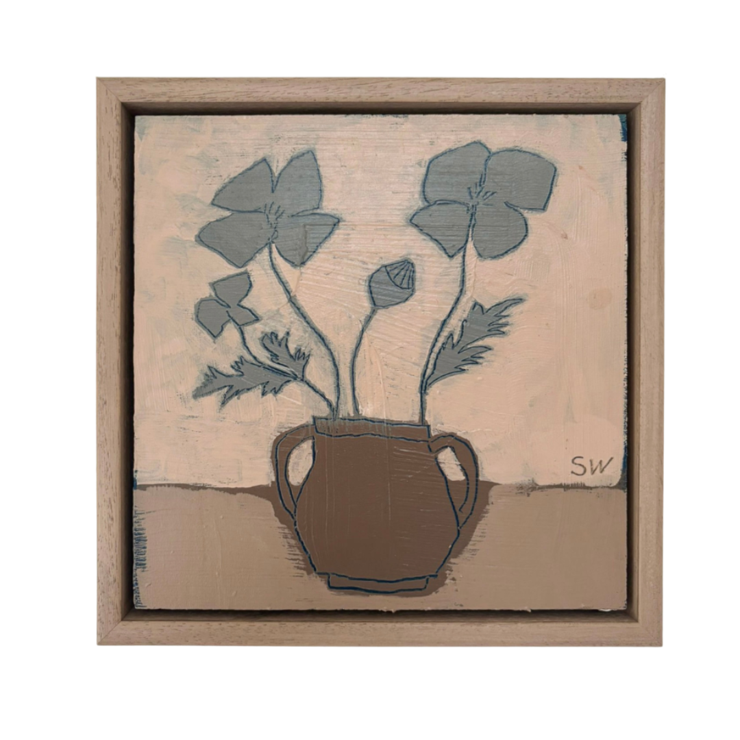 A framed square painting depicting a brown ceramic vase with flowers, set against a light beige background with a wooden frame.