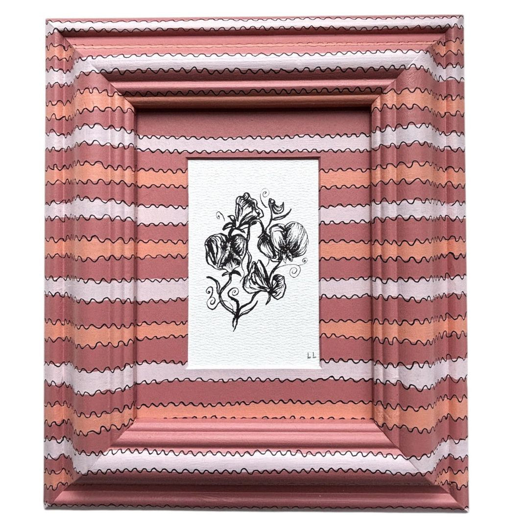 Decorative frame with wavy pink and white stripes containing a black and white illustration.