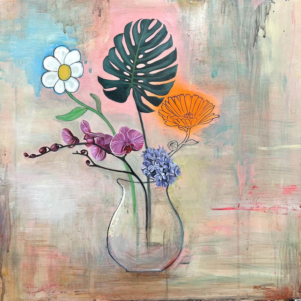 Still life painting of flowers with Daisy and Palm leaf.