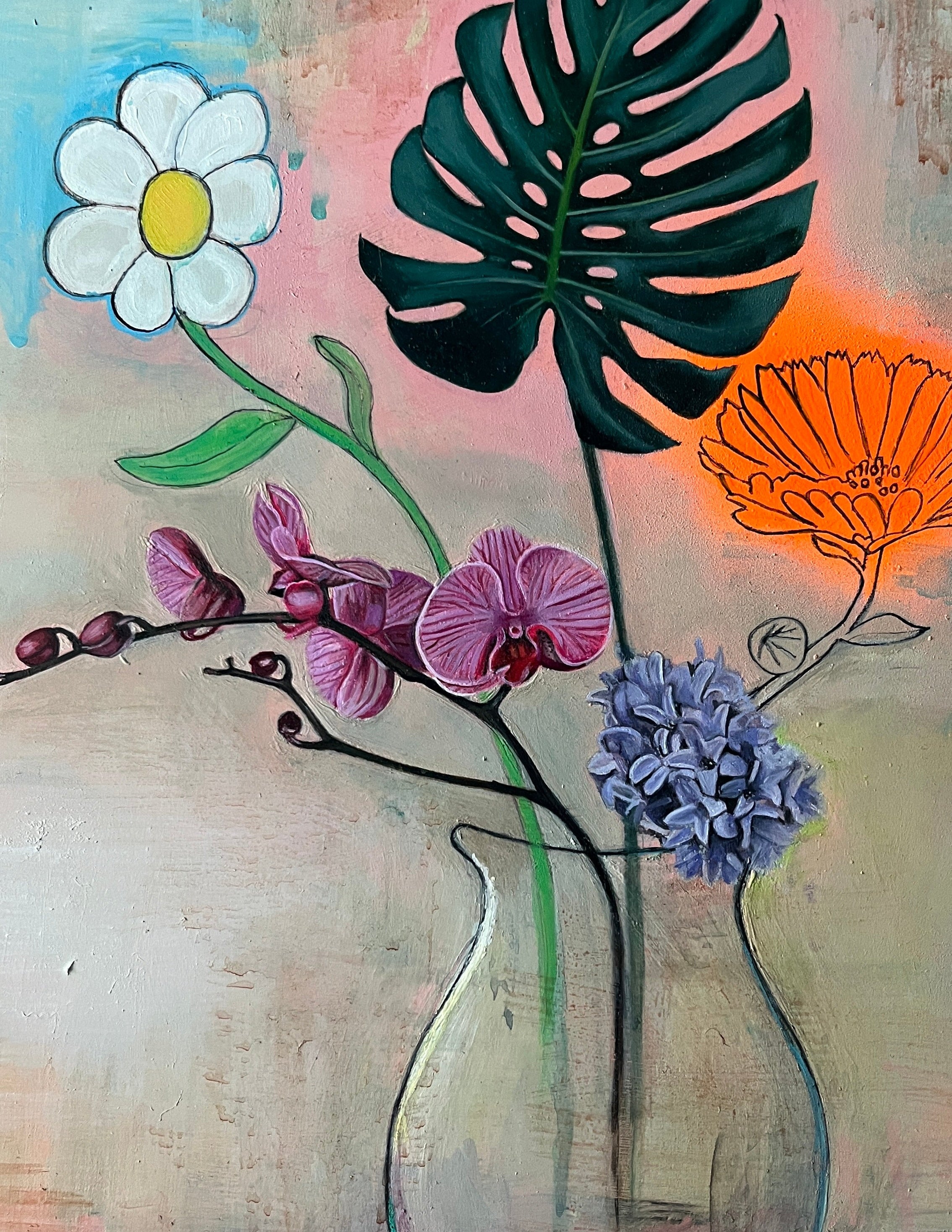 Close up detail of oil painted flowers.