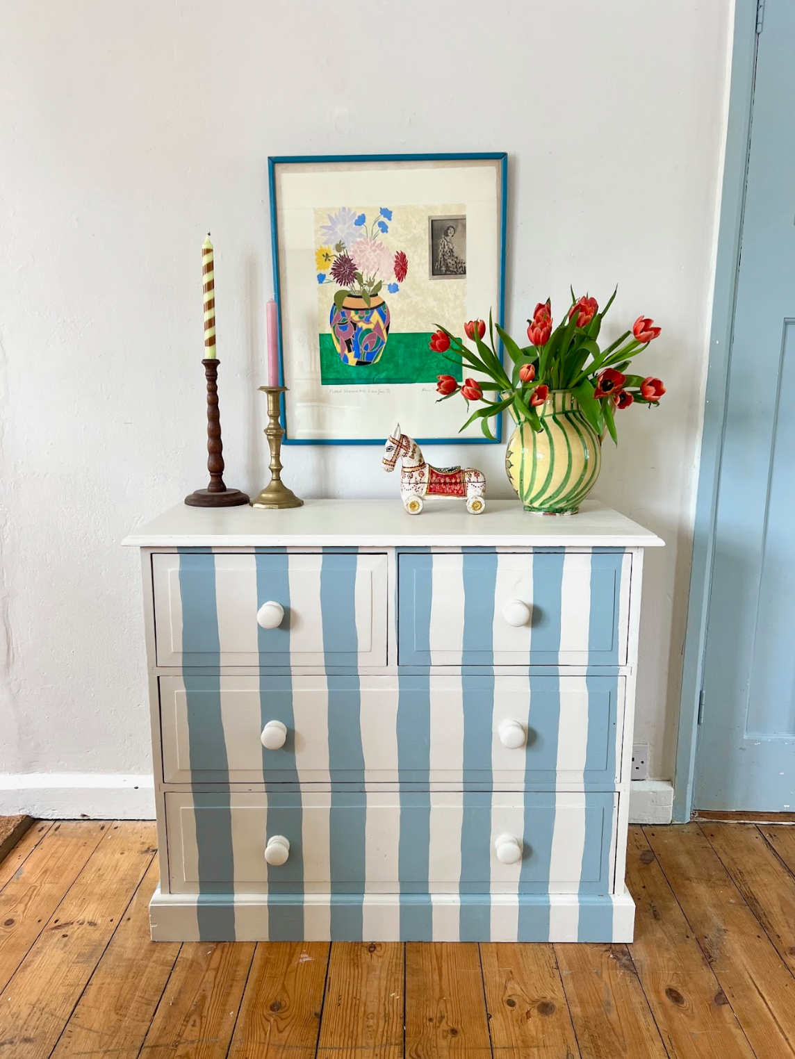 Blue & White Striped Antique Pine Chest of Drawers