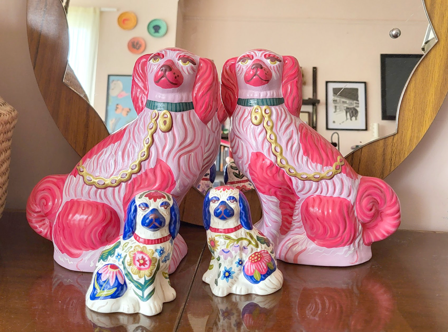 Pair of Pink Hand-Painted Dogs