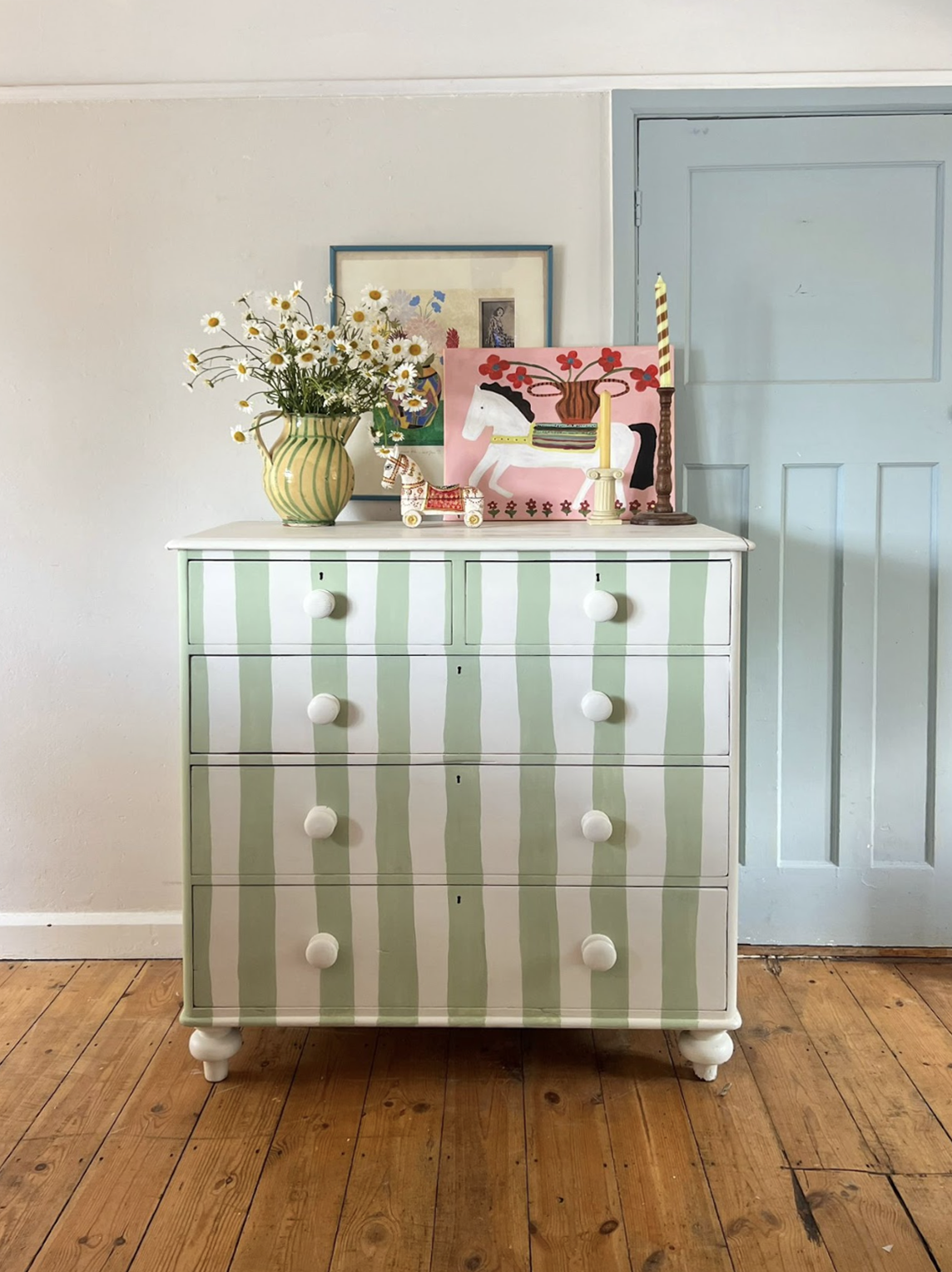 Green & White Striped Antique Pine Chest of Drawers
