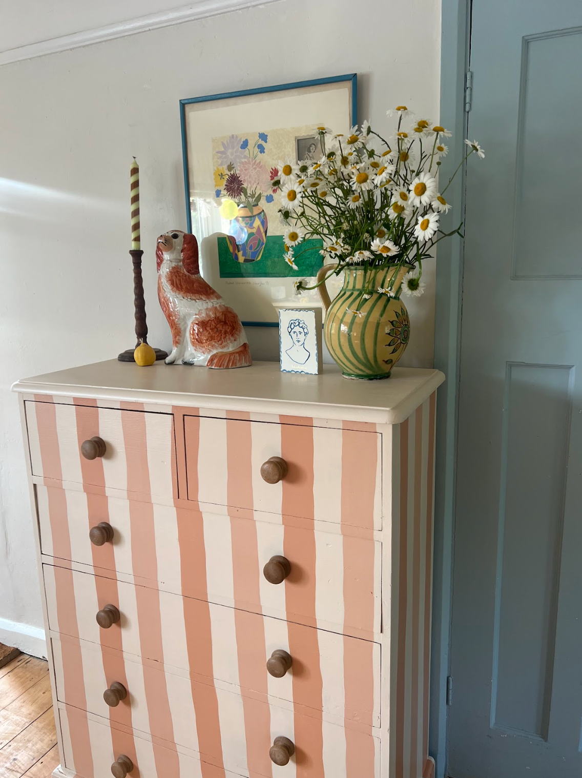 Peach Striped Antique Pine Chest of Drawers