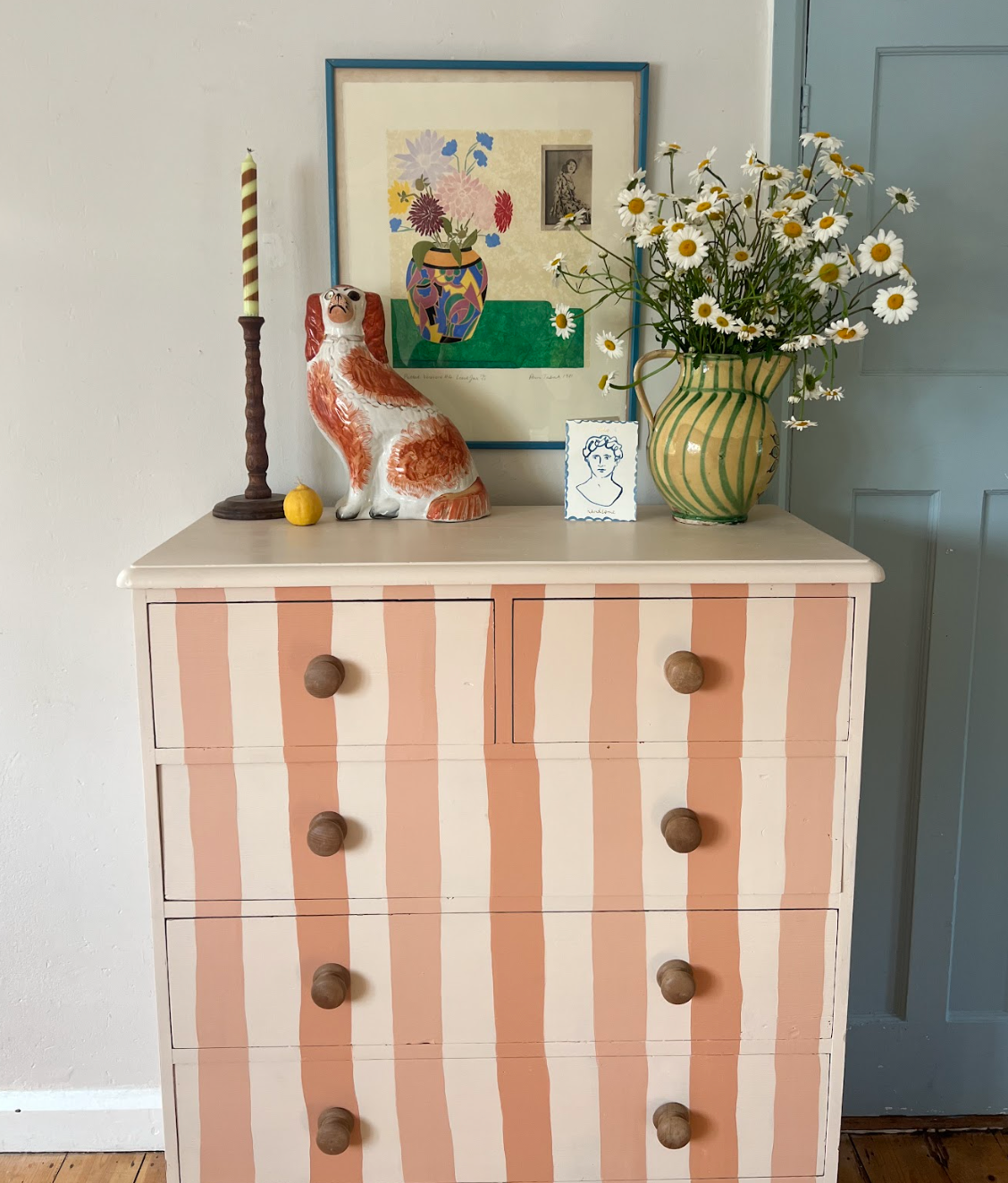 Peach Striped Antique Pine Chest of Drawers