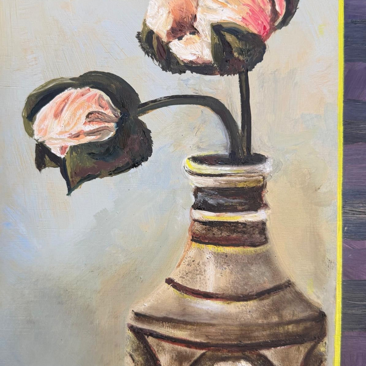 An oil painting depicting two pale pink roses in a textured ceramic vase against a light blue-gray background, with a yellow border and purple stripe on the right edge.