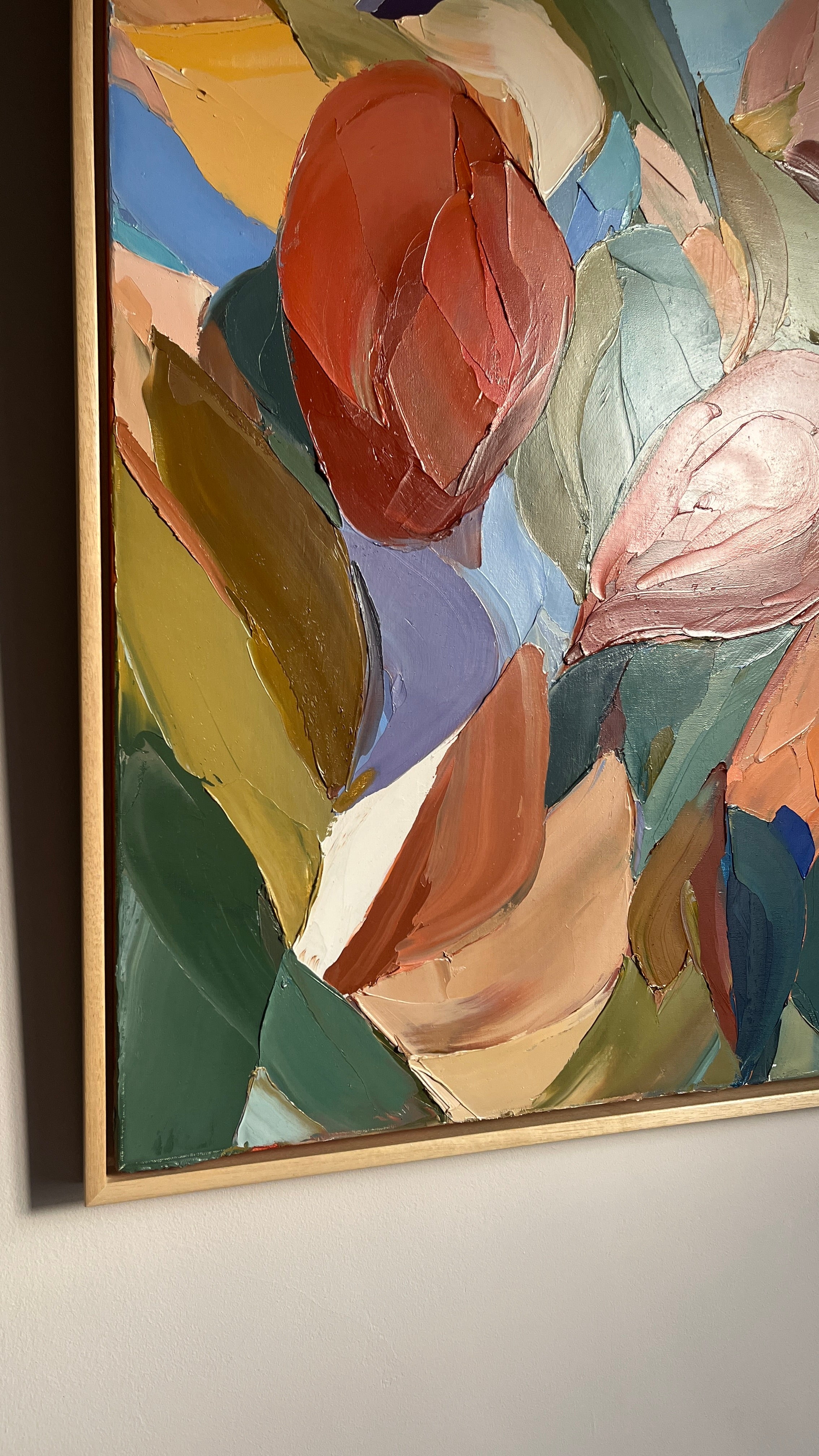 Abstract art piece with colorful shapes on a white background