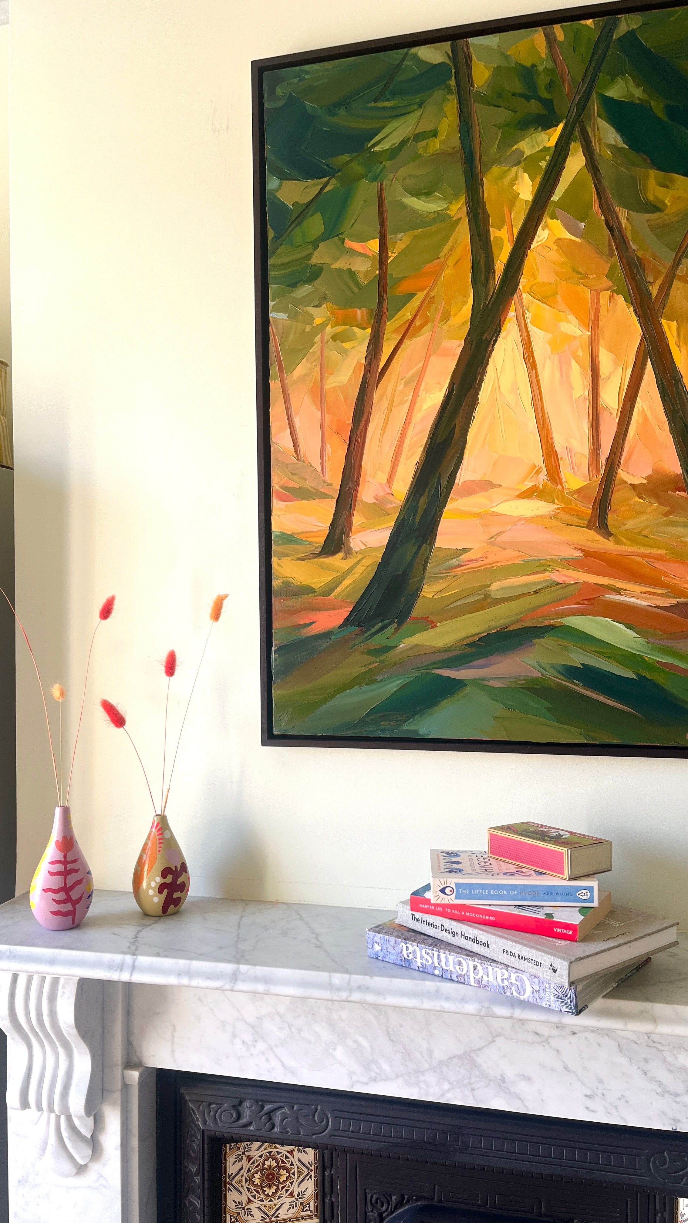 Autumn Woodland Painting above fireplace in bedroom