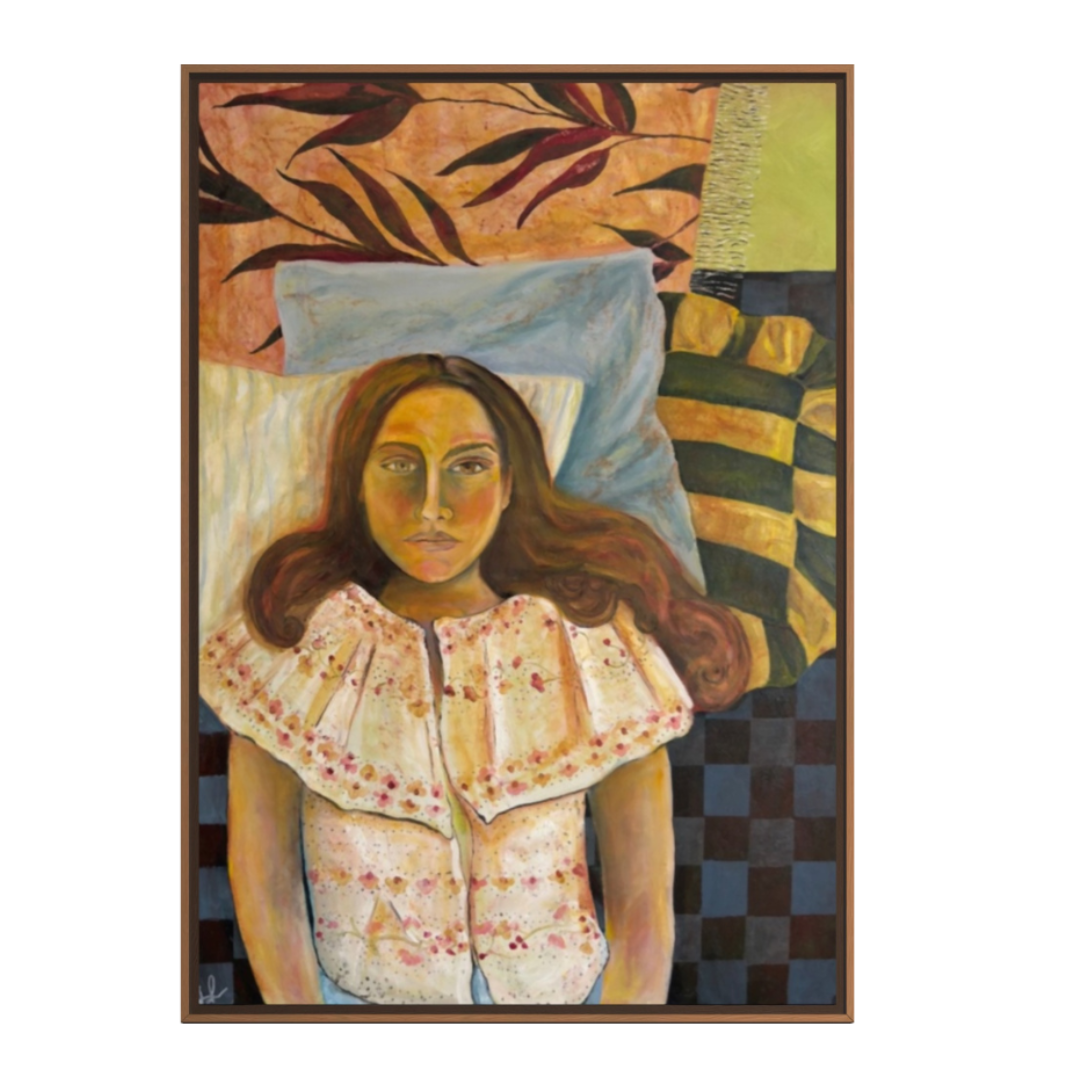 A framed painting on a white background, depicting a woman lying down wearing a white ruffled blouse with red floral embroidery. The background of the painting features abstract shapes in green, yellow, brown, and black-and-white check.