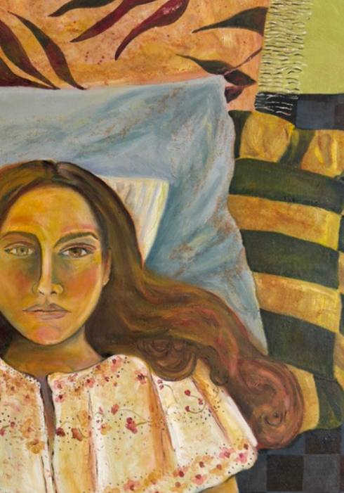 A stylized painting of a woman with long brown hair wearing a cream floral blouse, seated against a patterned background with blue, green, and tan tones.