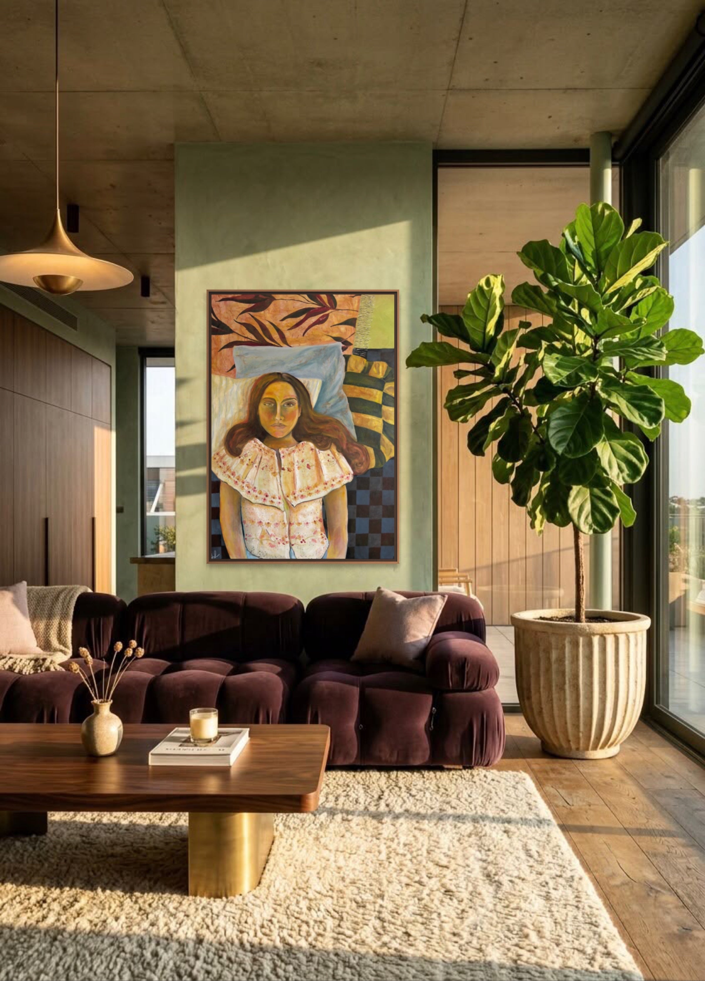 A framed art print depicting a stylized portrait of a woman hangs on a sage green wall in a modern living room with a dark purple velvet sectional sofa, a large potted fiddle-leaf fig, and a wooden coffee table.