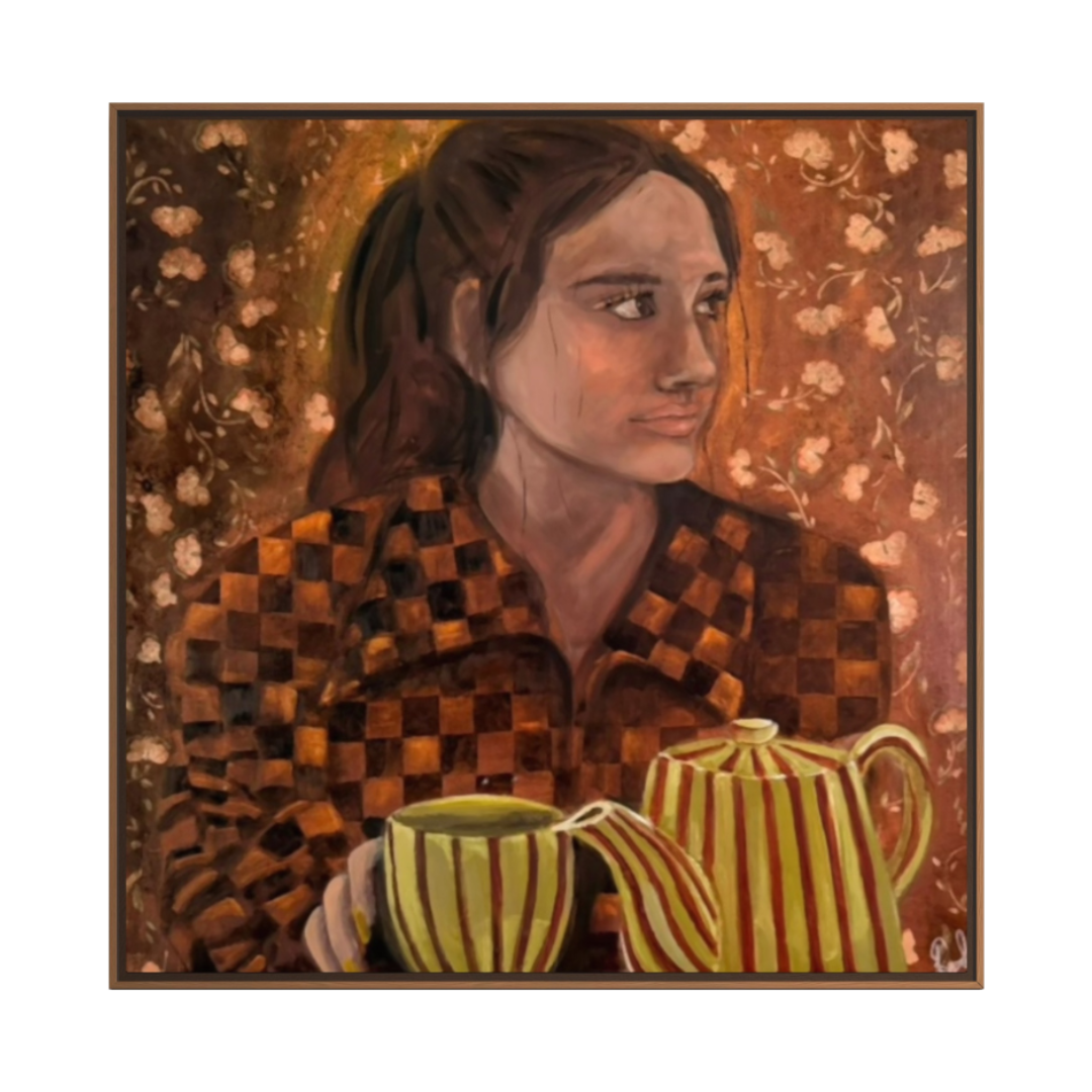 A framed portrait painting of a woman with dark hair, wearing a brown and gold checkered top, holding a yellow-green mug next to a yellow-and-brown striped teapot, set against a floral brown background.