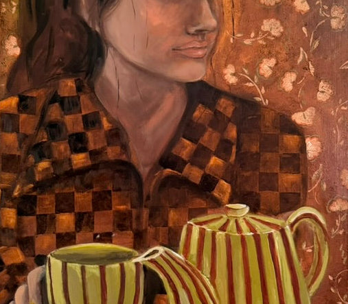 A square portrait painting of a woman with dark hair, wearing a brown and gold checkered top, holding a striped green and gold mug, with a matching striped teapot on a floral brown background.