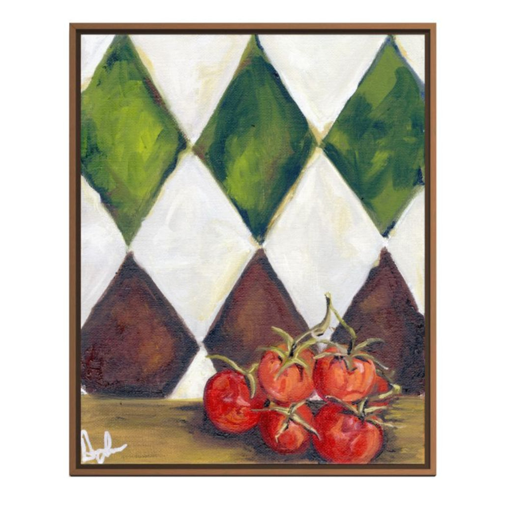 Framed artwork with geometric pattern and tomatoes on a white background