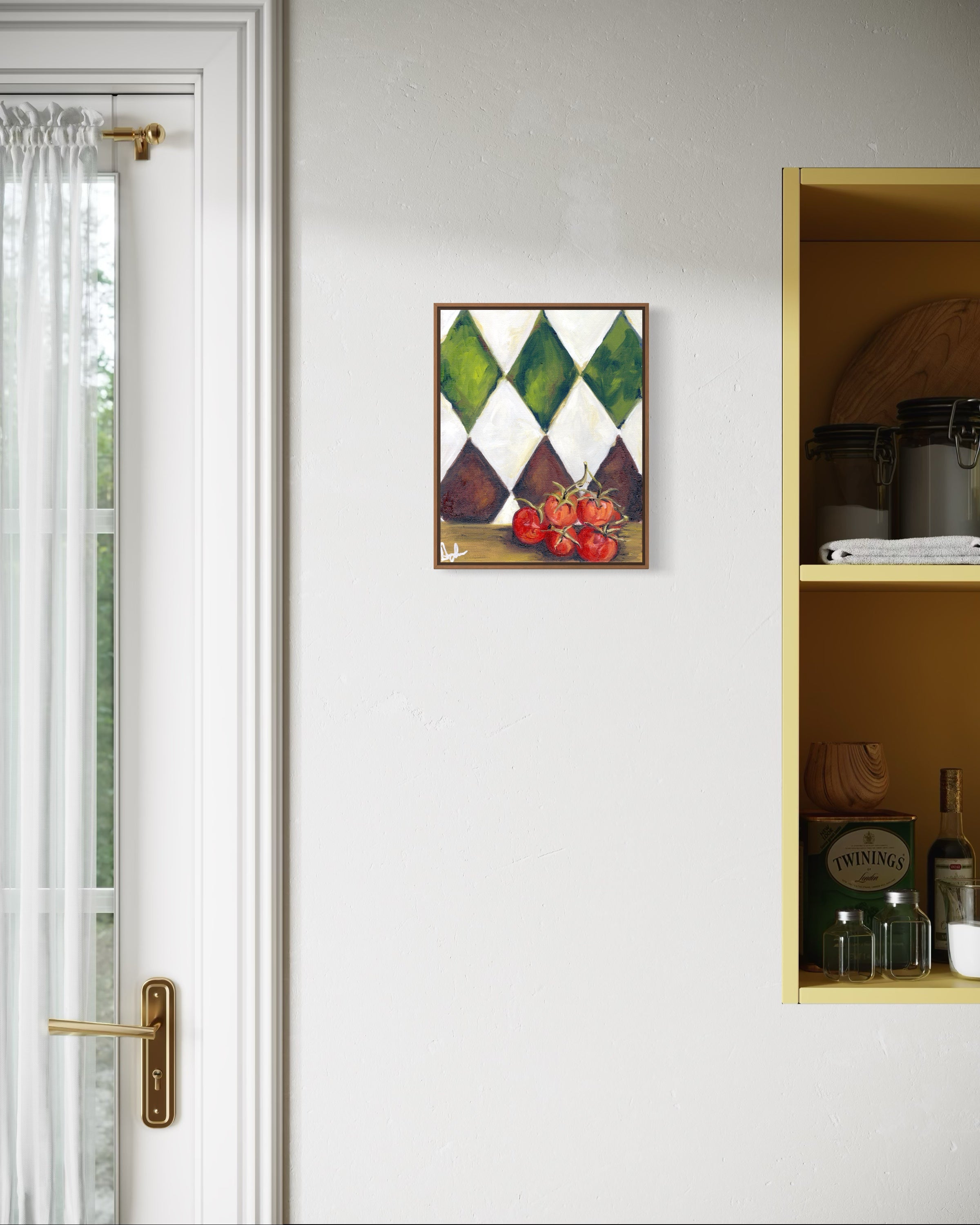Framed artwork on a white wall above a door, with a shelf containing jars and a bottle to the right.
