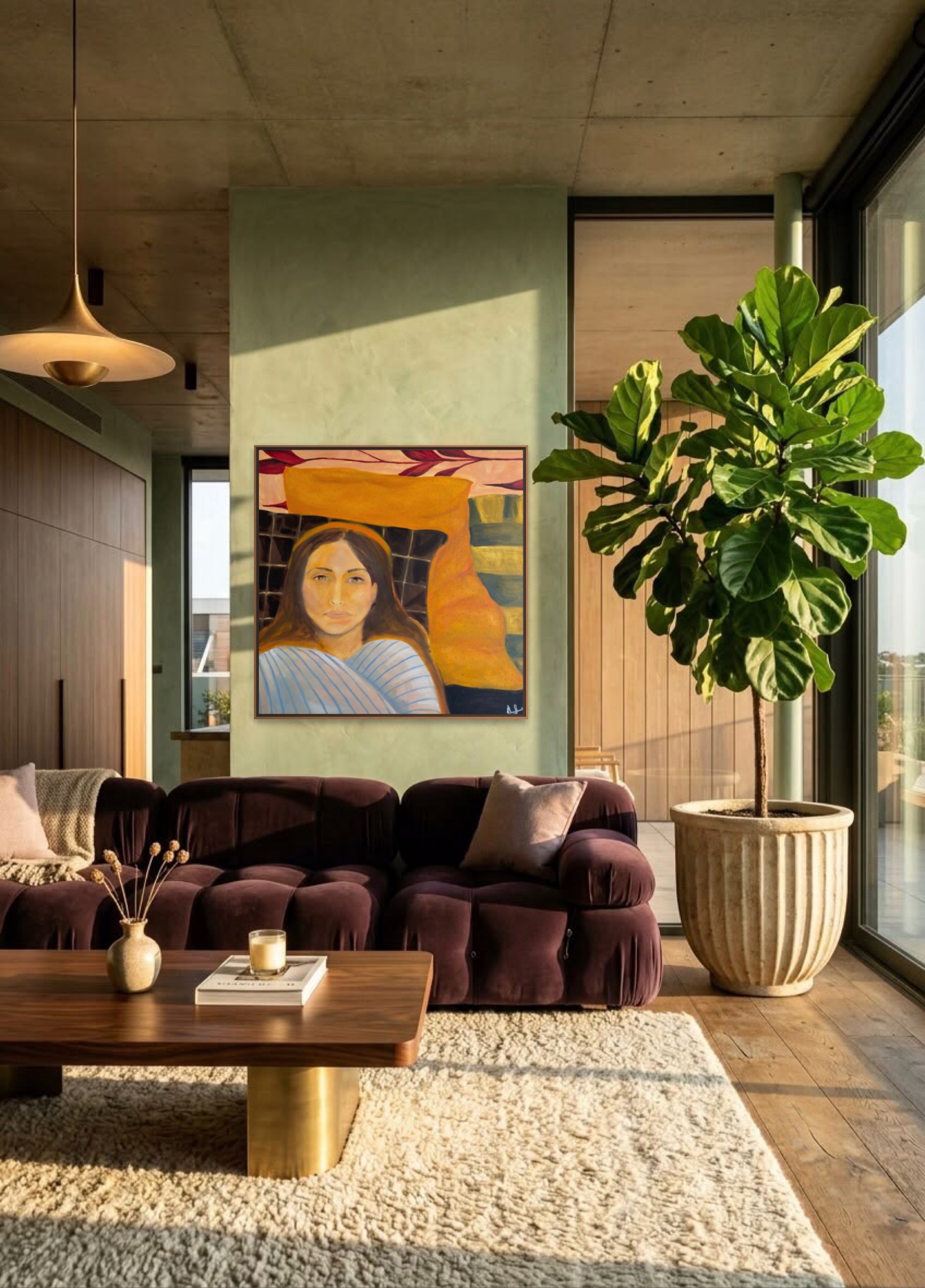 A framed art print of a stylized portrait hangs on a sage green wall in a modern living room with a dark purple velvet sofa, a large fiddle-leaf fig plant, and a wooden coffee table.
