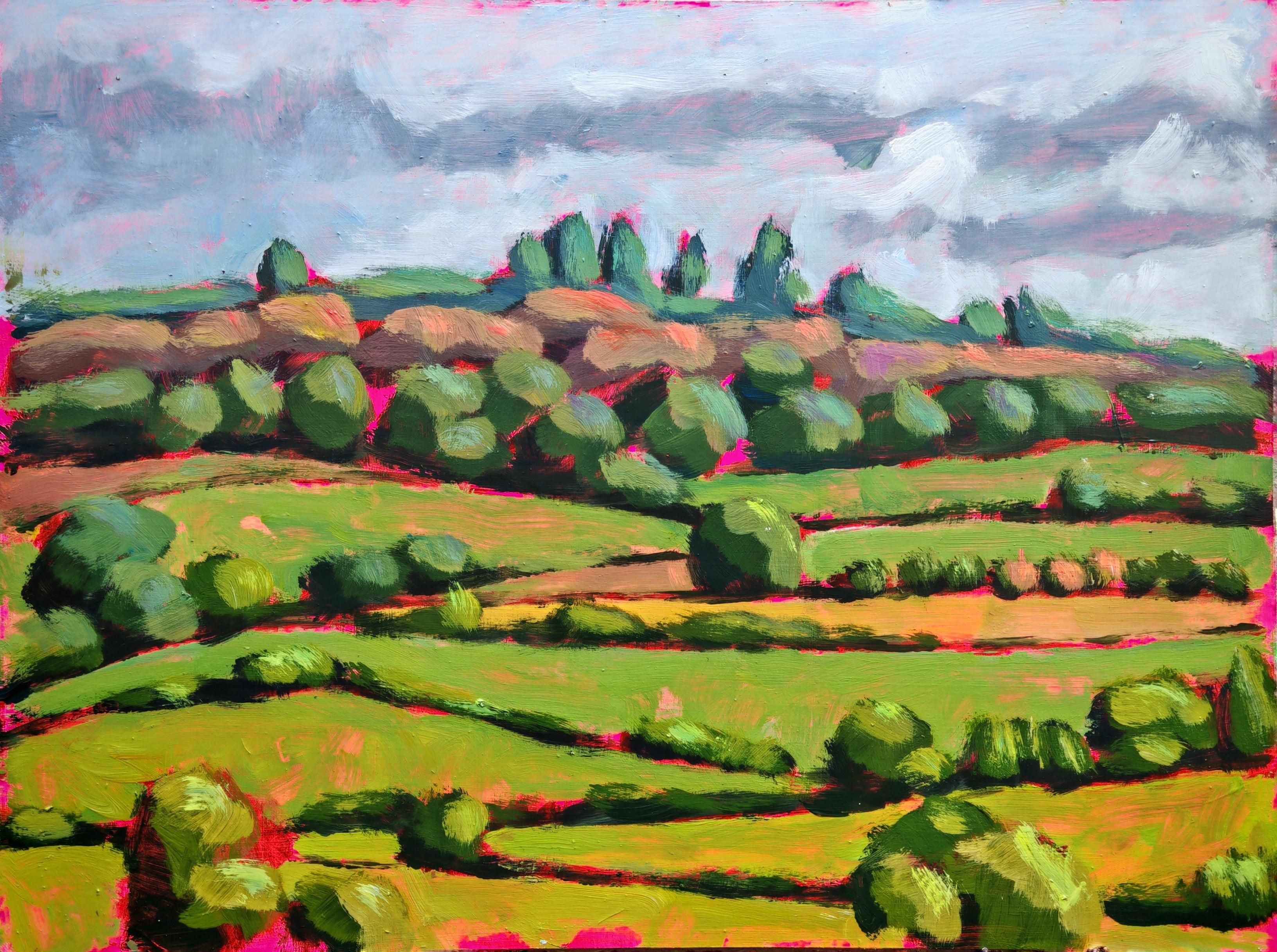 An impressionistic landscape painting of rolling green hills, hedgerows, and a cloudy sky, rendered with thick brushstrokes in green, yellow, brown, blue-gray, and magenta accents.