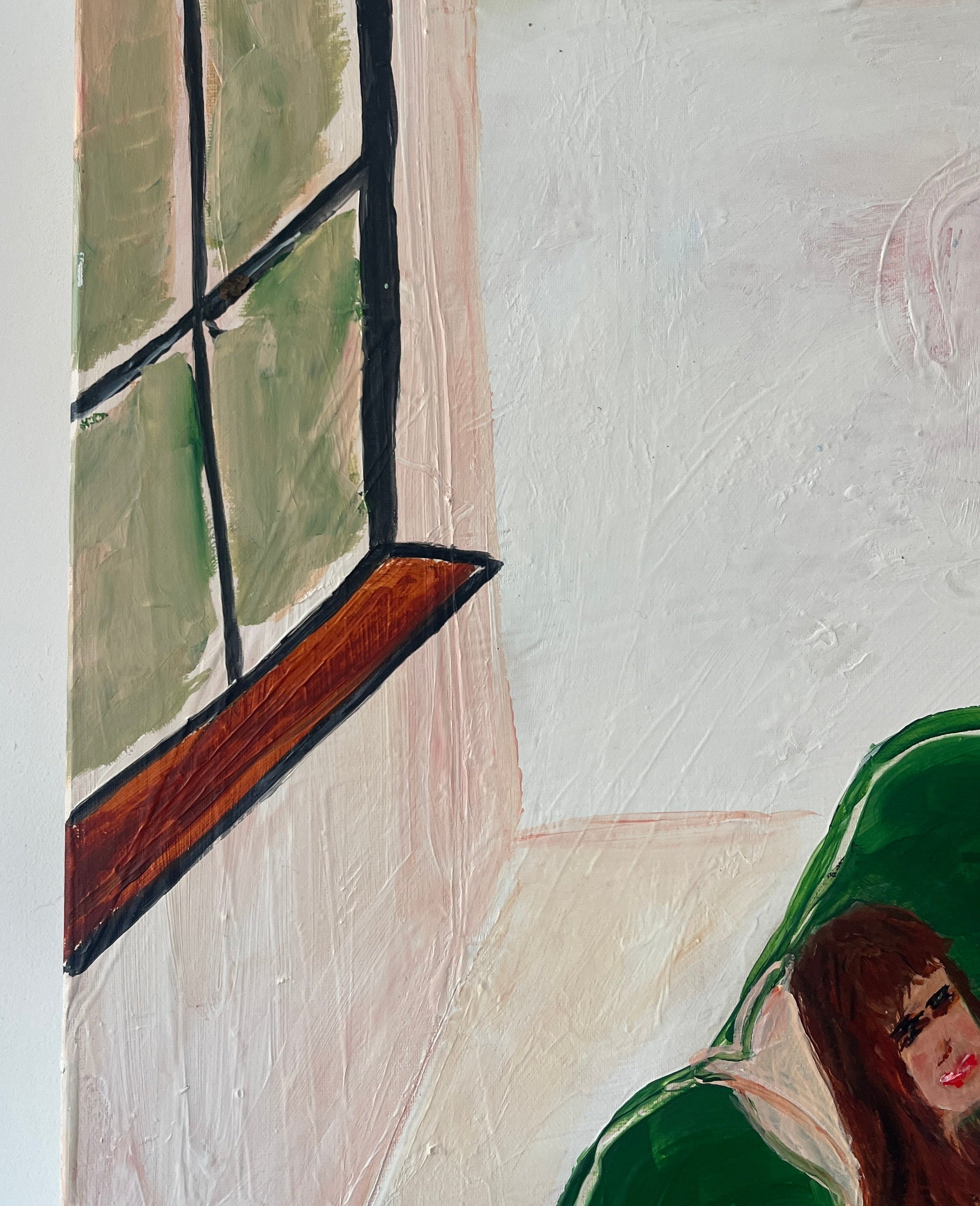 Abstract painting with green, red, and black elements on a textured beige background