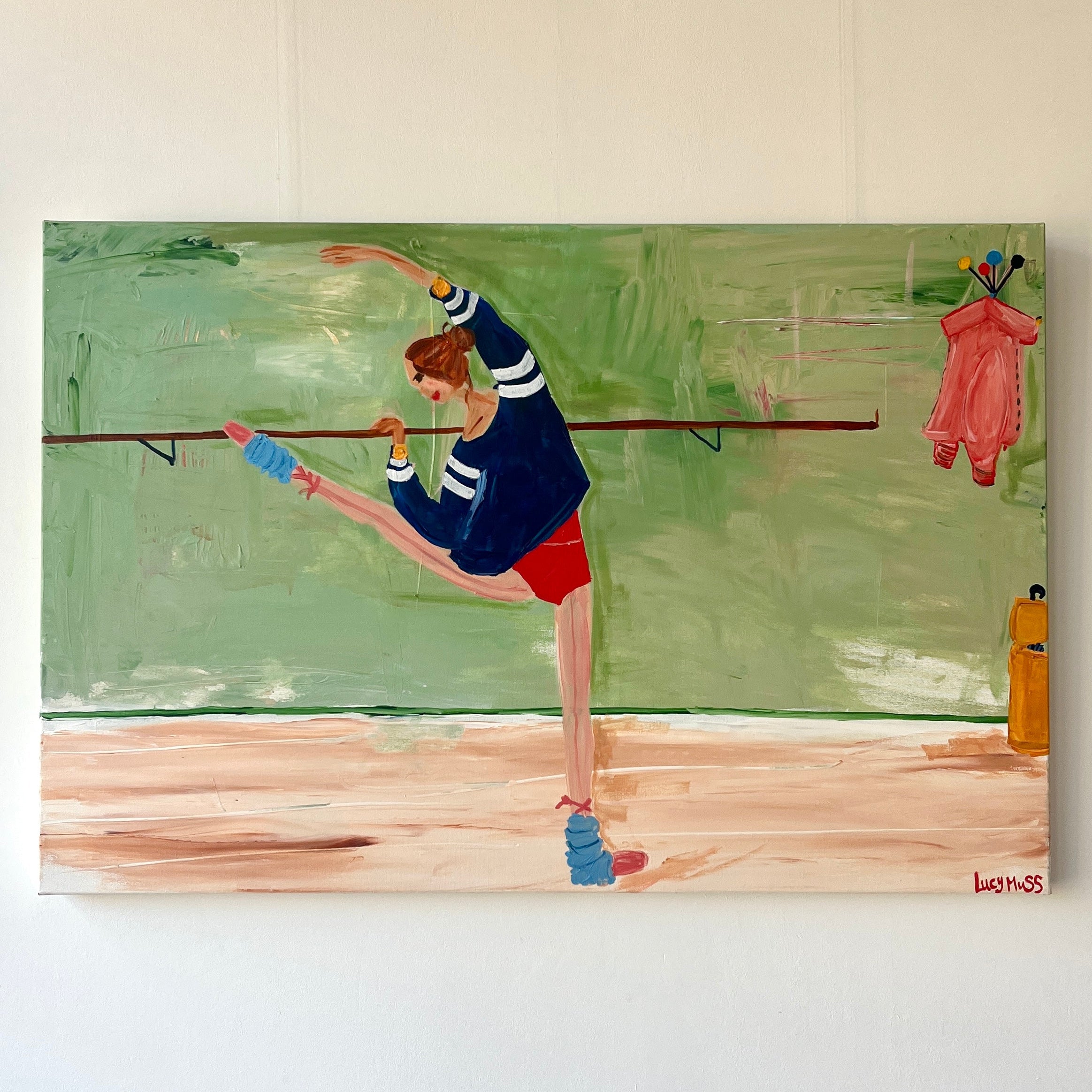 Painting of a dancer with her leg up on a bar 