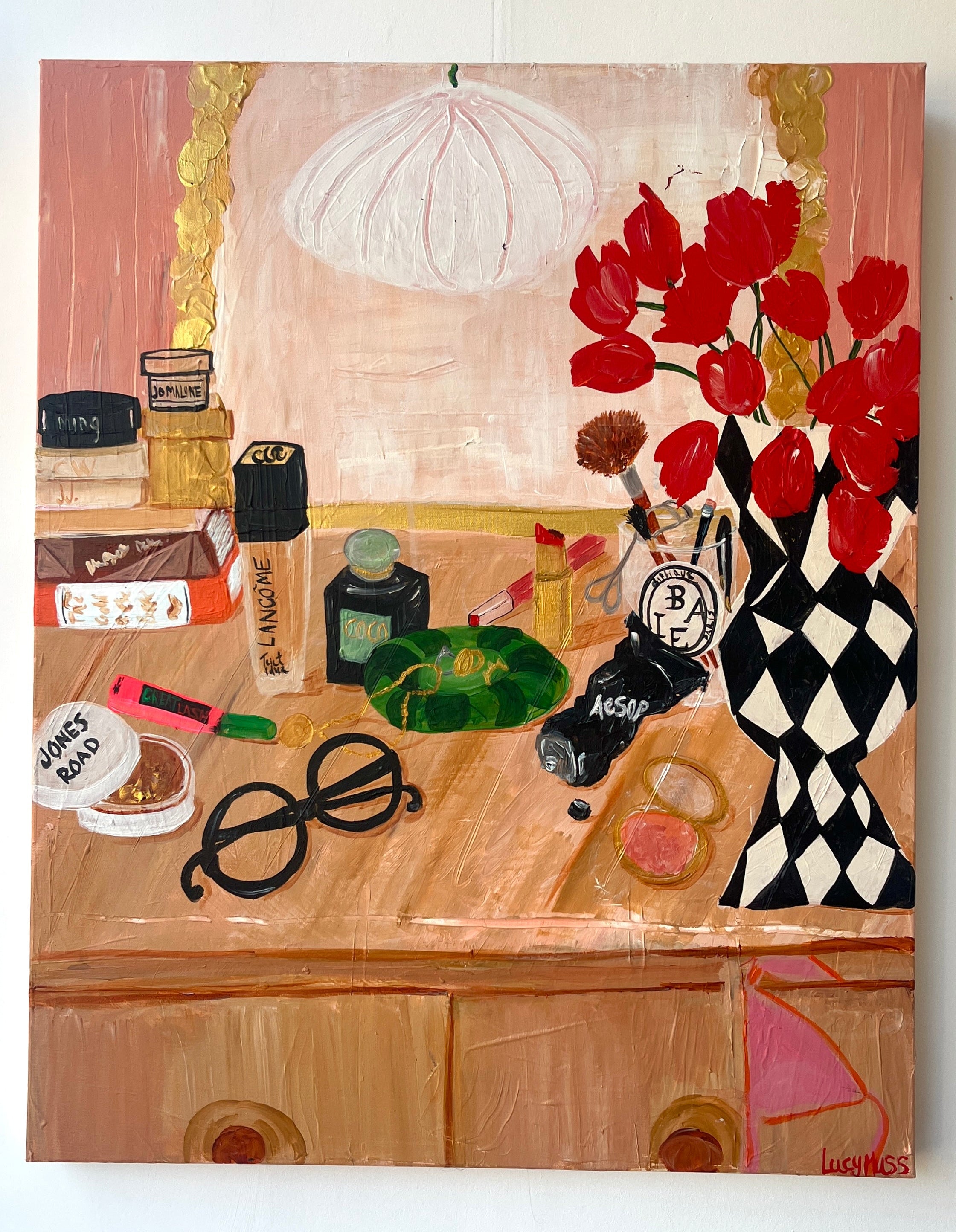 Picture of a painting of a dressing table with make up 