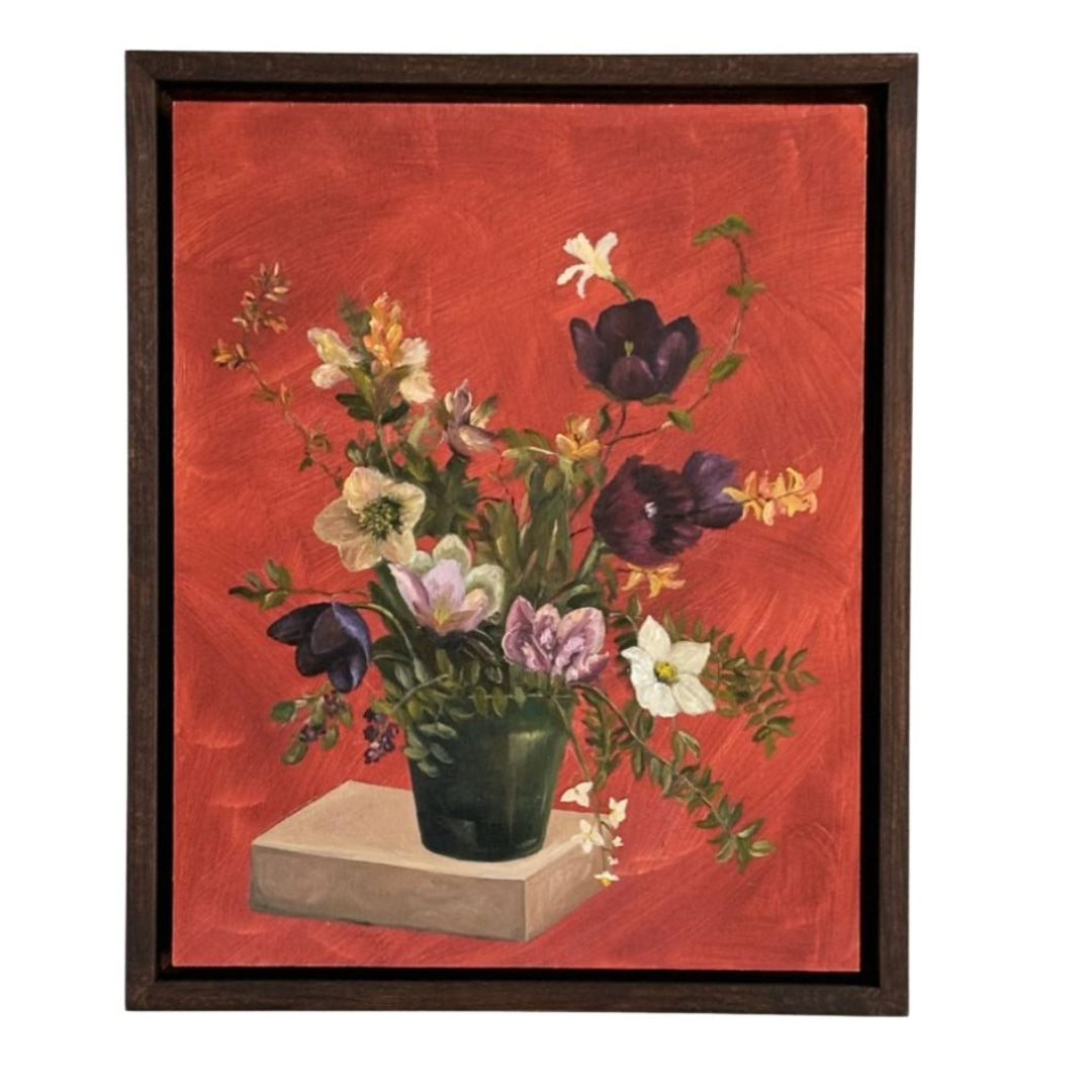 Framed artwork of a still life with flowers on a red background