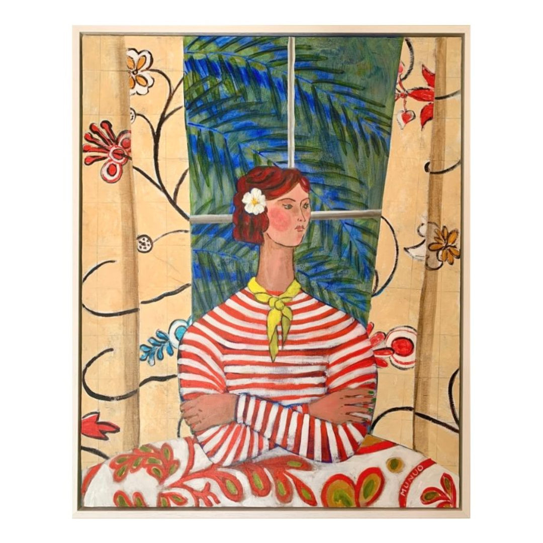 Artistic depiction of a woman in a striped dress with floral decorations on a white background