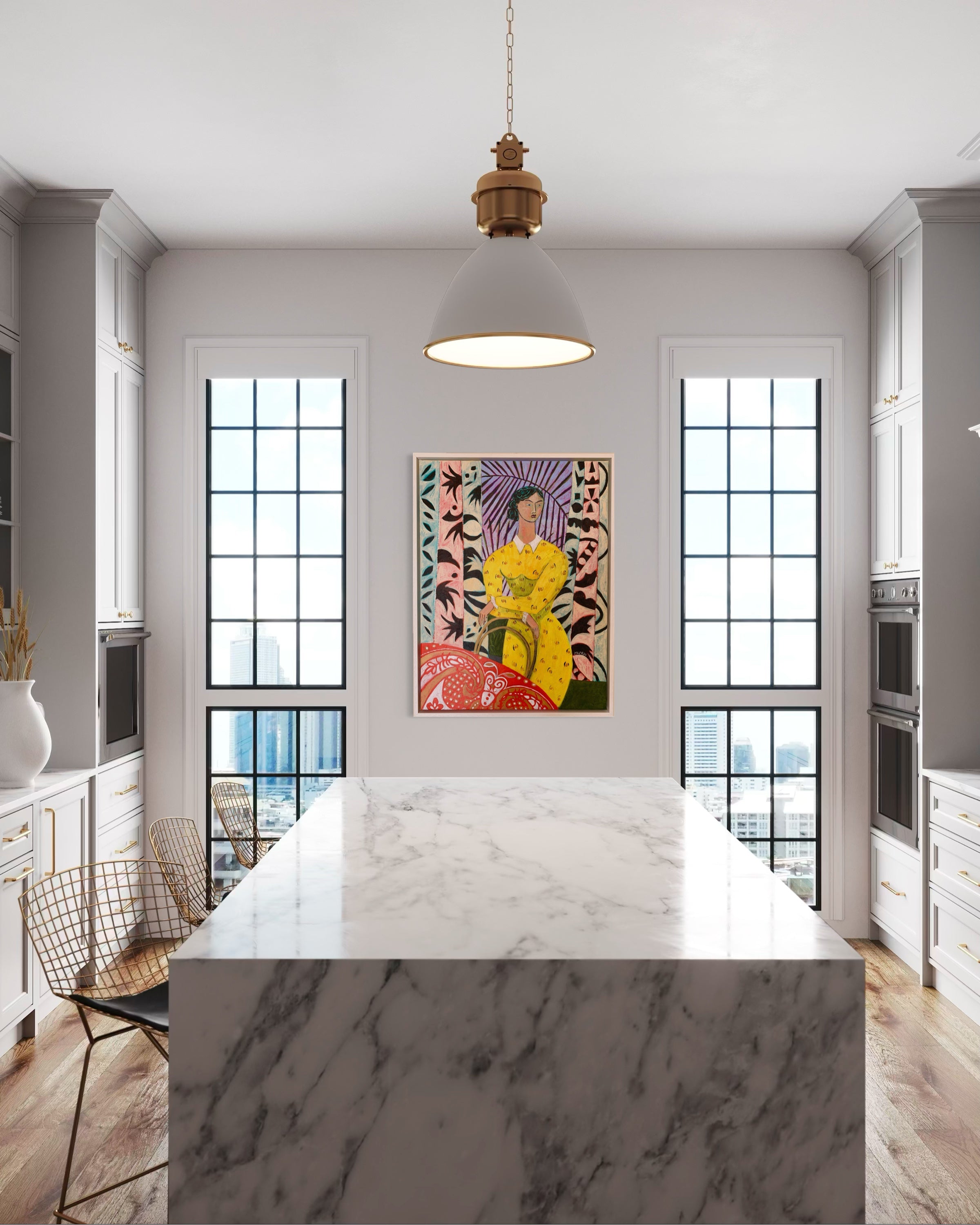 Modern kitchen with marble island, pendant light, and colorful artwork on the wall.