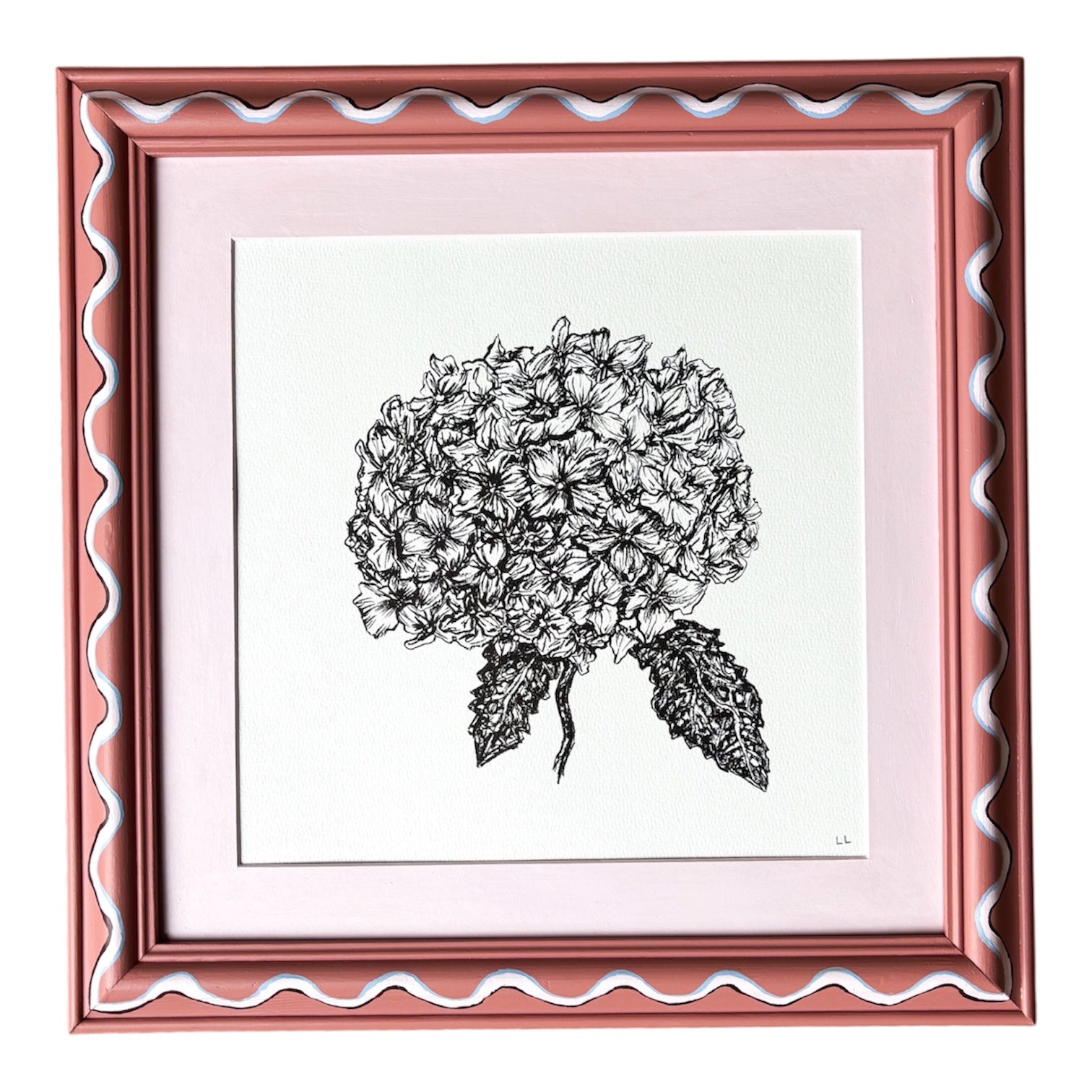 Hand painted frame with hand drawn hydrangea inside. 