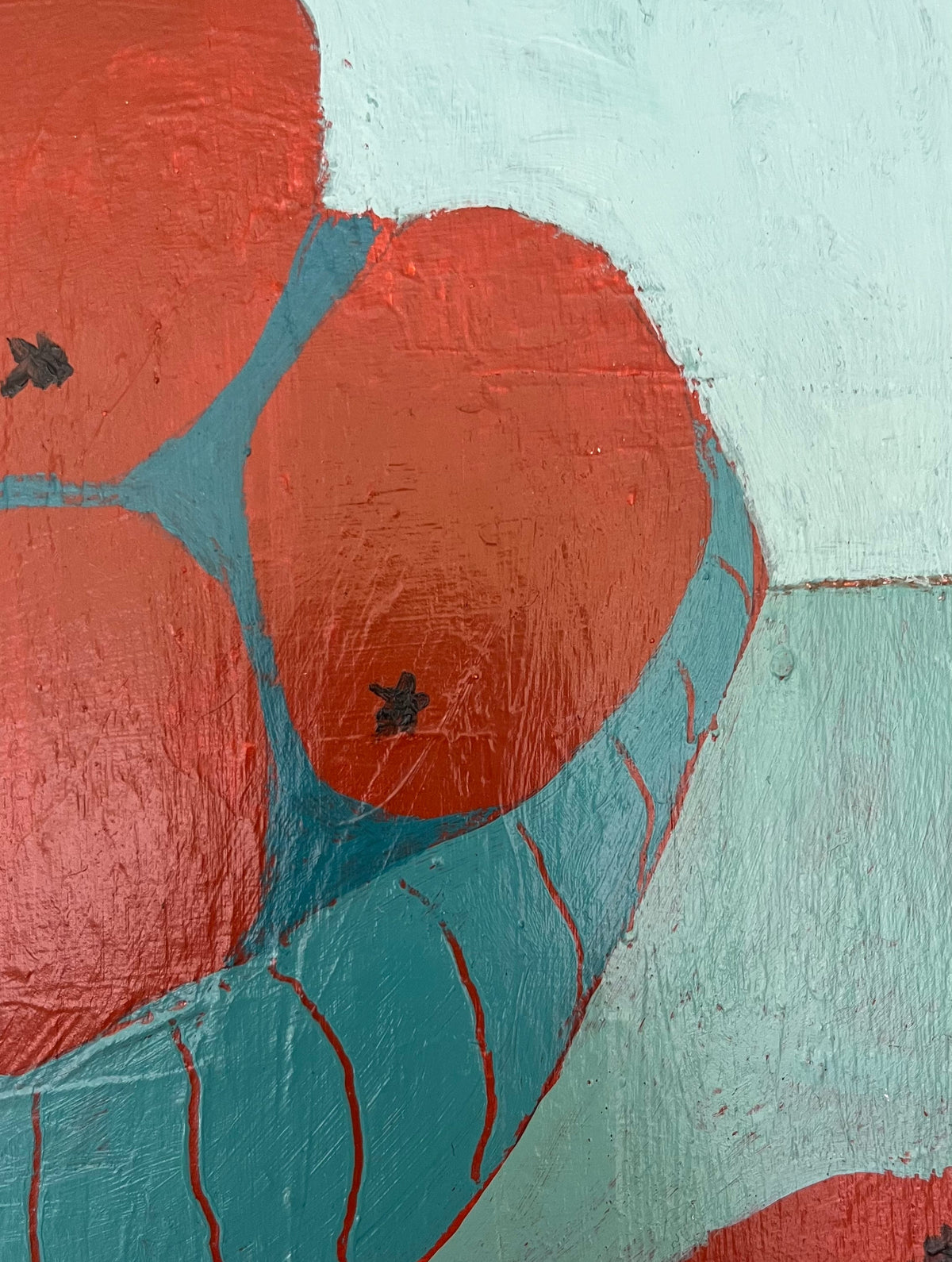 Abstract painted artwork with large red circular forms and teal curved shapes on a pale aqua background, showing visible brush texture.