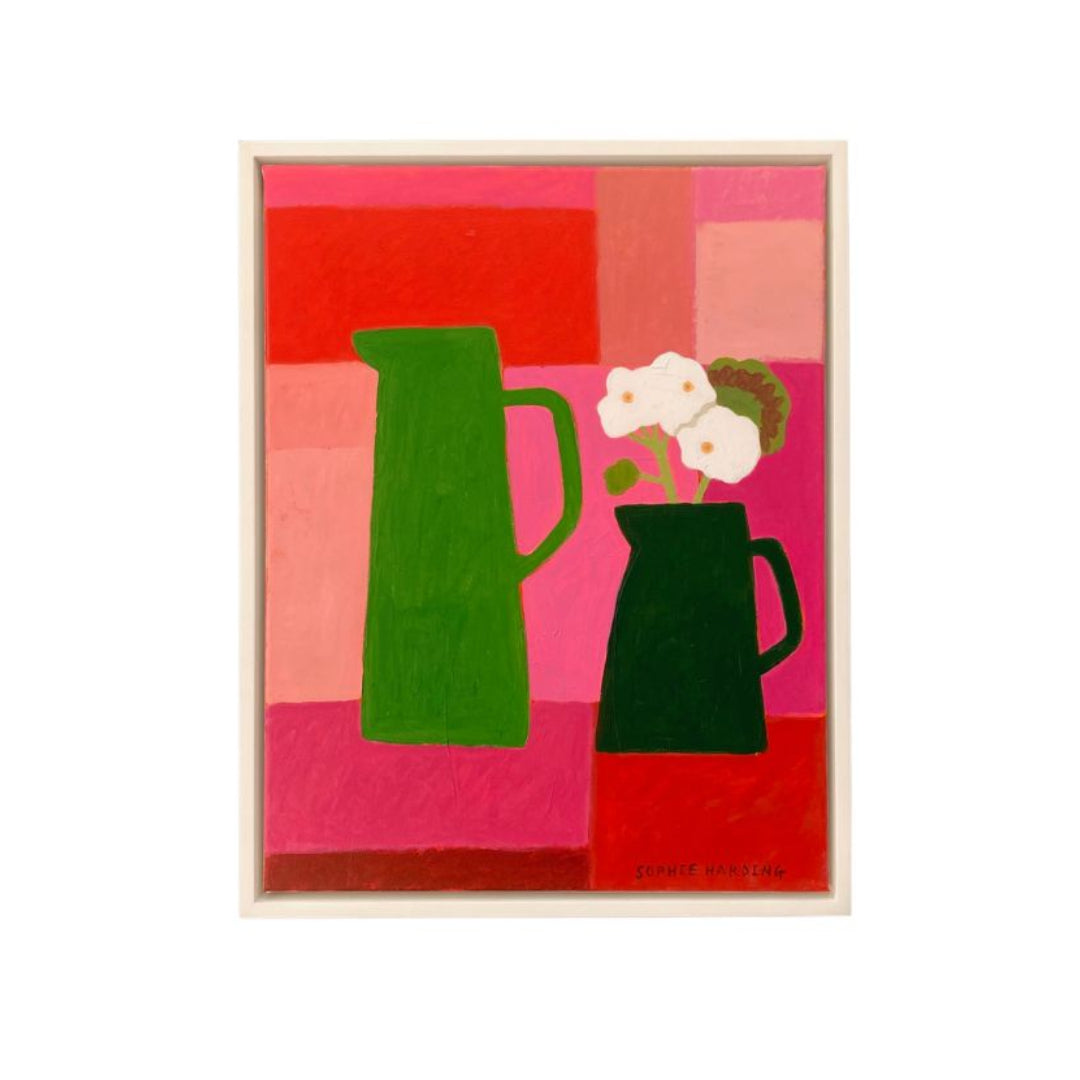 Decorative card with green pitcher and flowers on a red and pink background