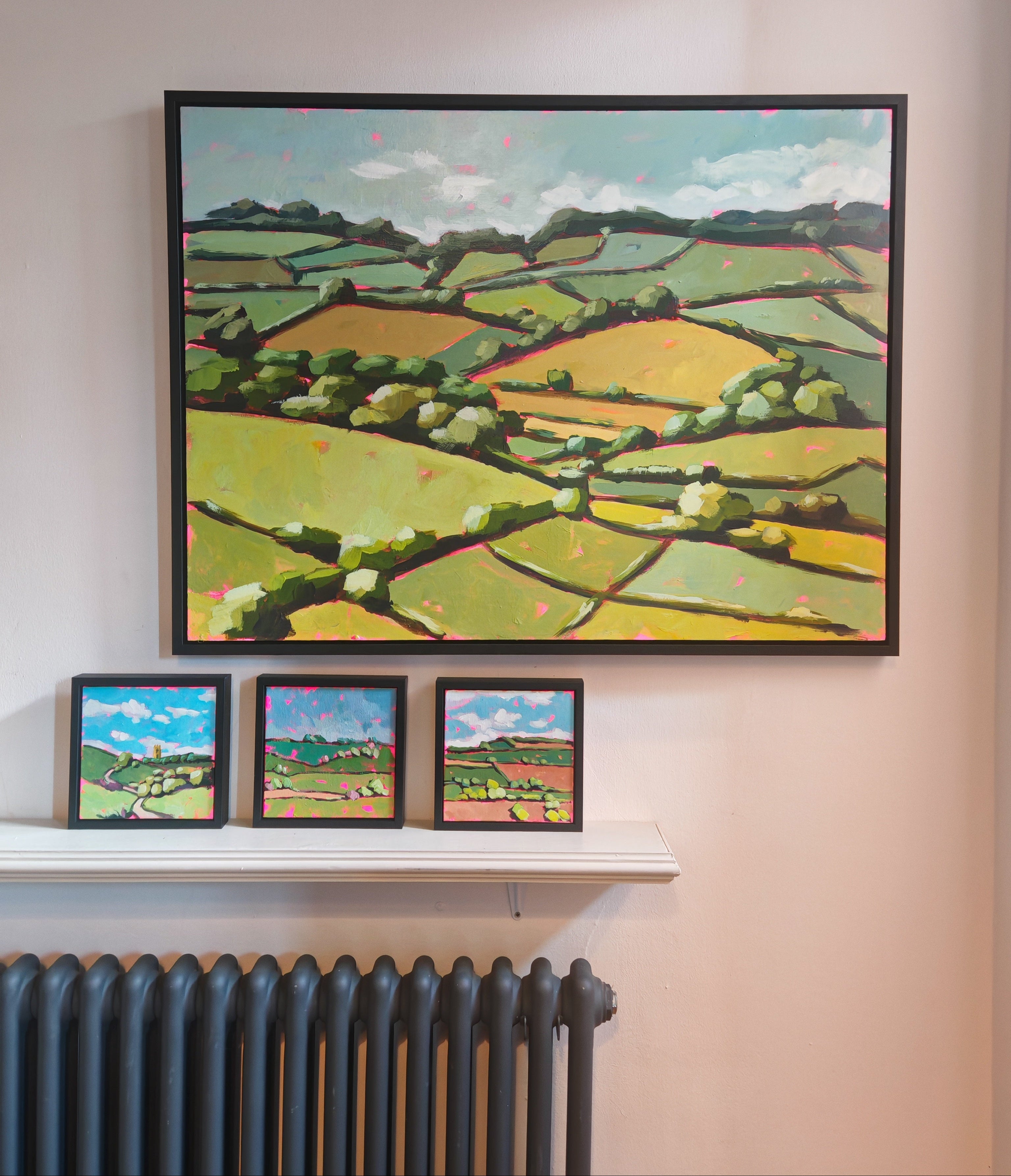 Lanscape paintings sat together on a wall. 